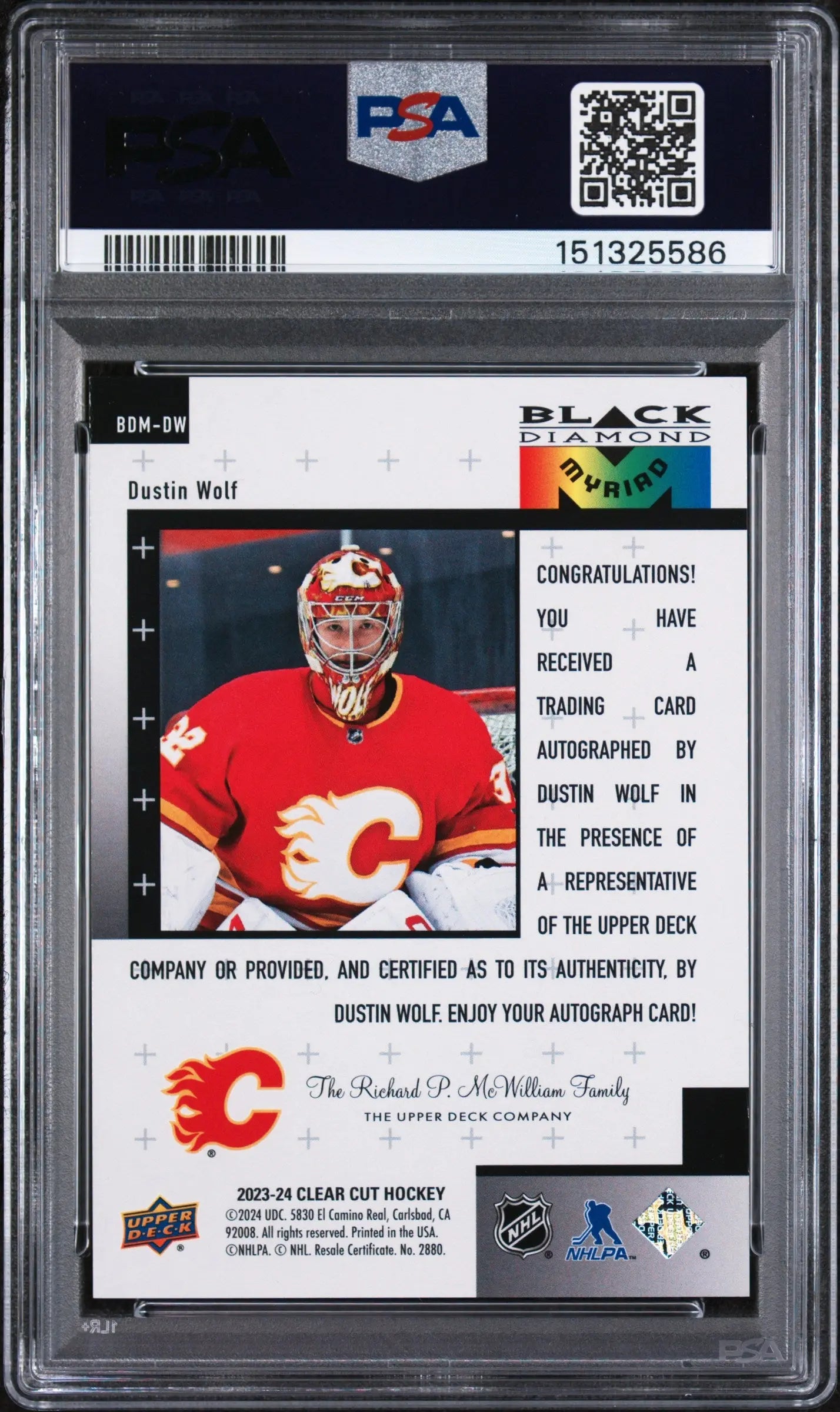 2023 Upper Deck Black Diamond Myriad Autographs Dustin Wolf Auto Clear Cut PSA 9 
