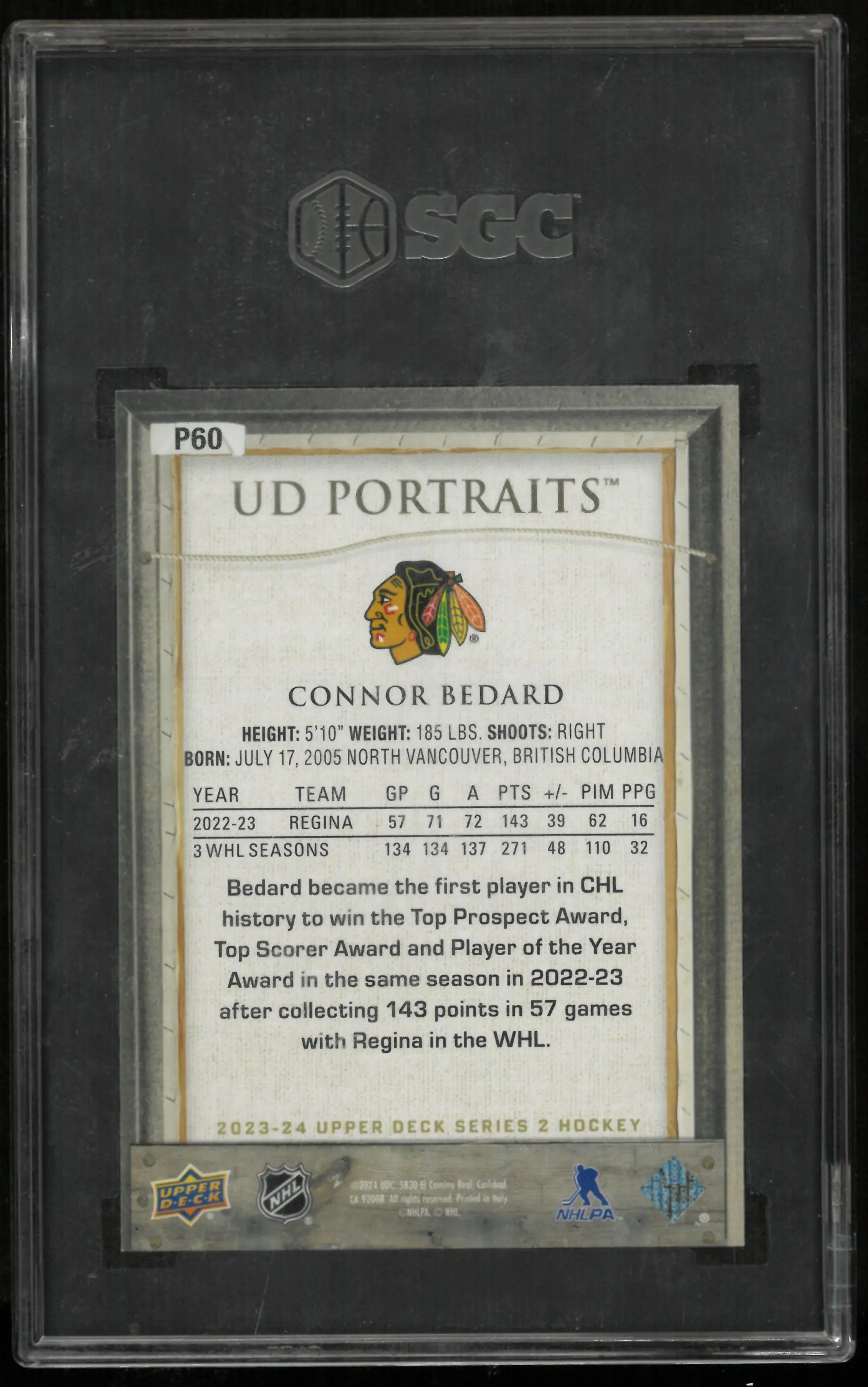 2023 Upper Deck Connor Bedard #P60 Portraits SGC 10 