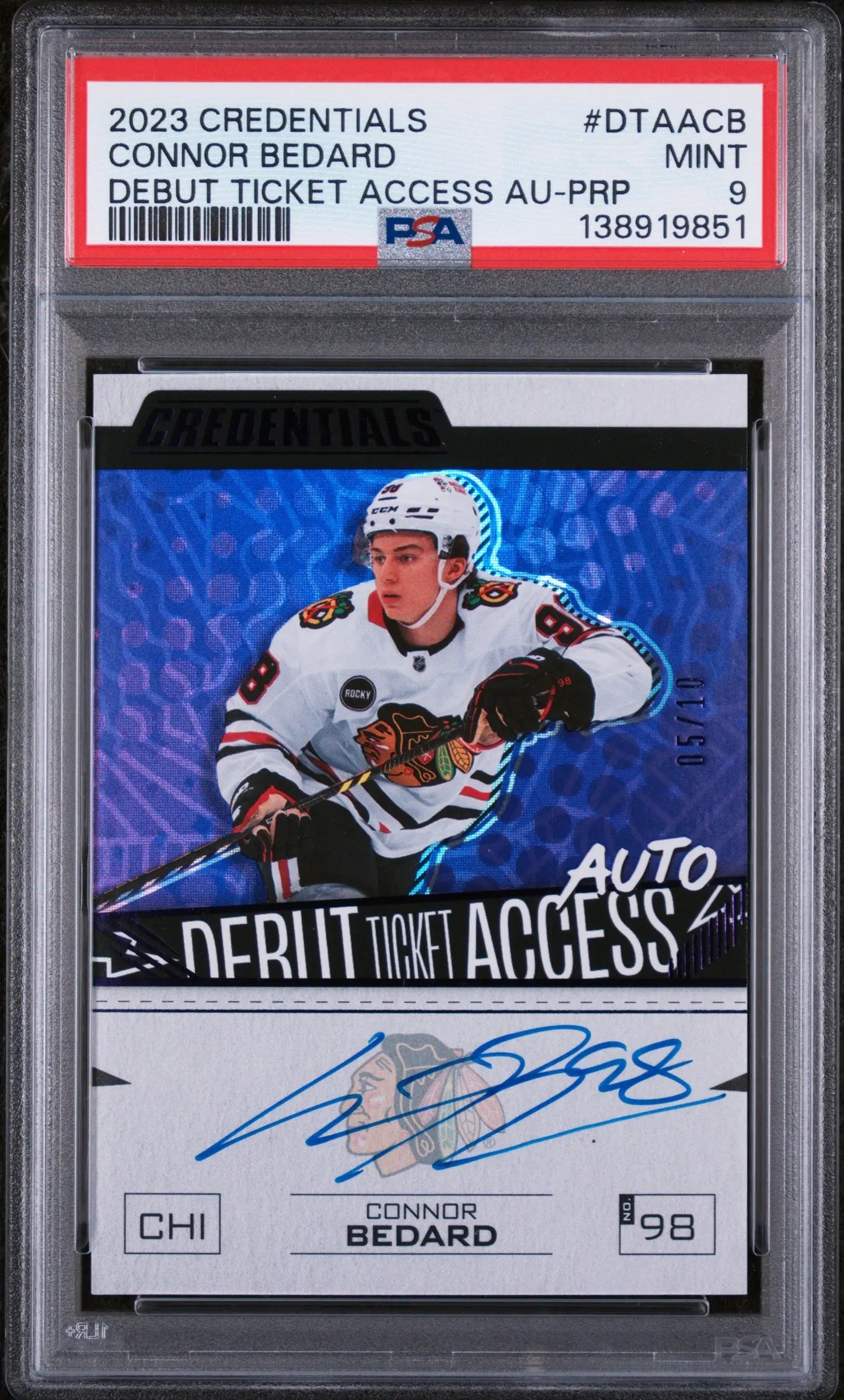 2023 Upper Deck Credentials Debut Ticket Rookie Auto Connor Bedard /10 PSA 9 