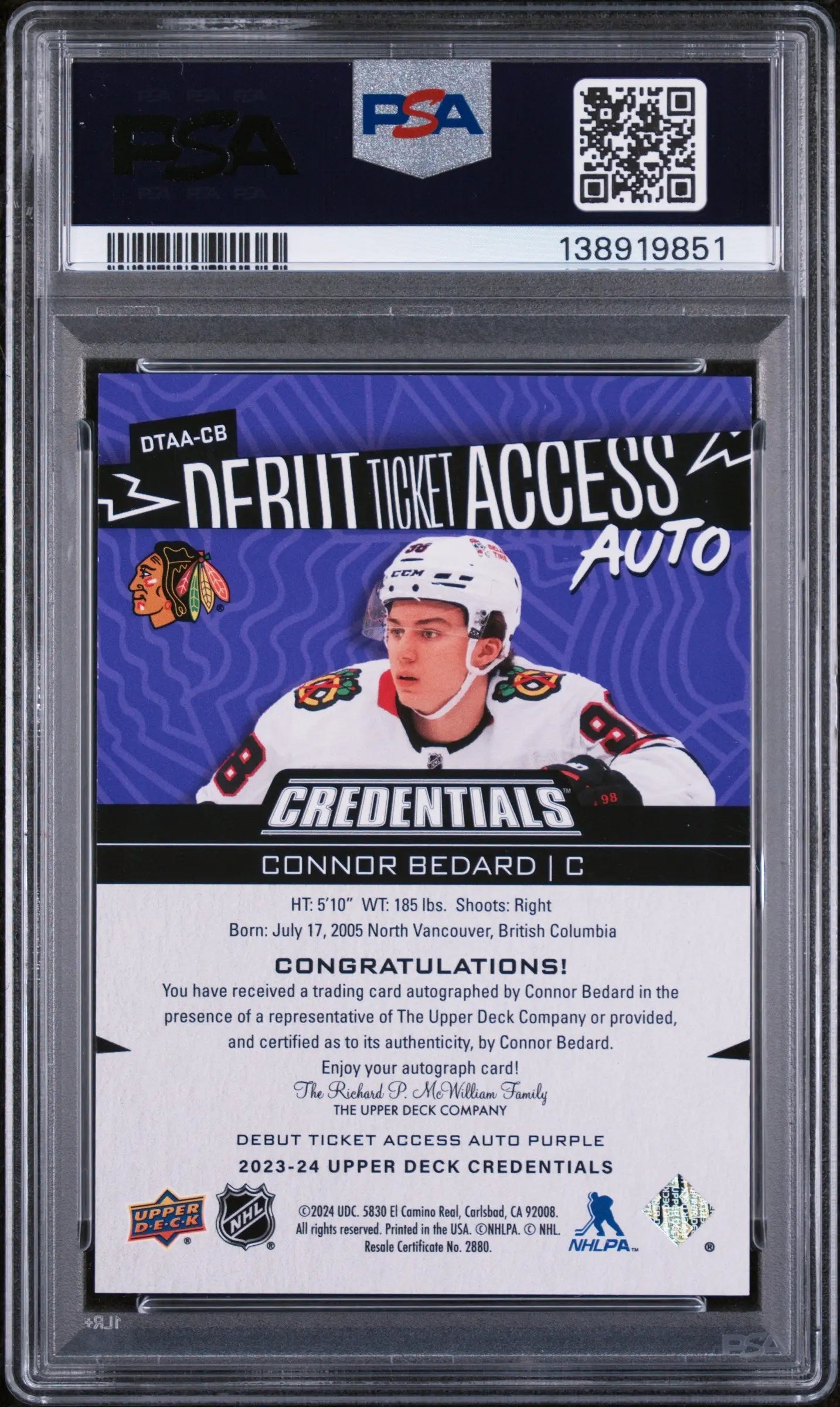 2023 Upper Deck Credentials Debut Ticket Rookie Auto Connor Bedard /10 PSA 9 