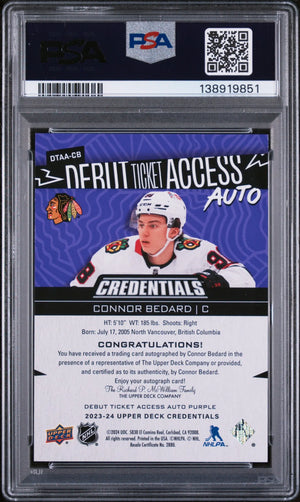 2023 Upper Deck Credentials Debut Ticket Rookie Auto Connor Bedard /10 PSA 9 