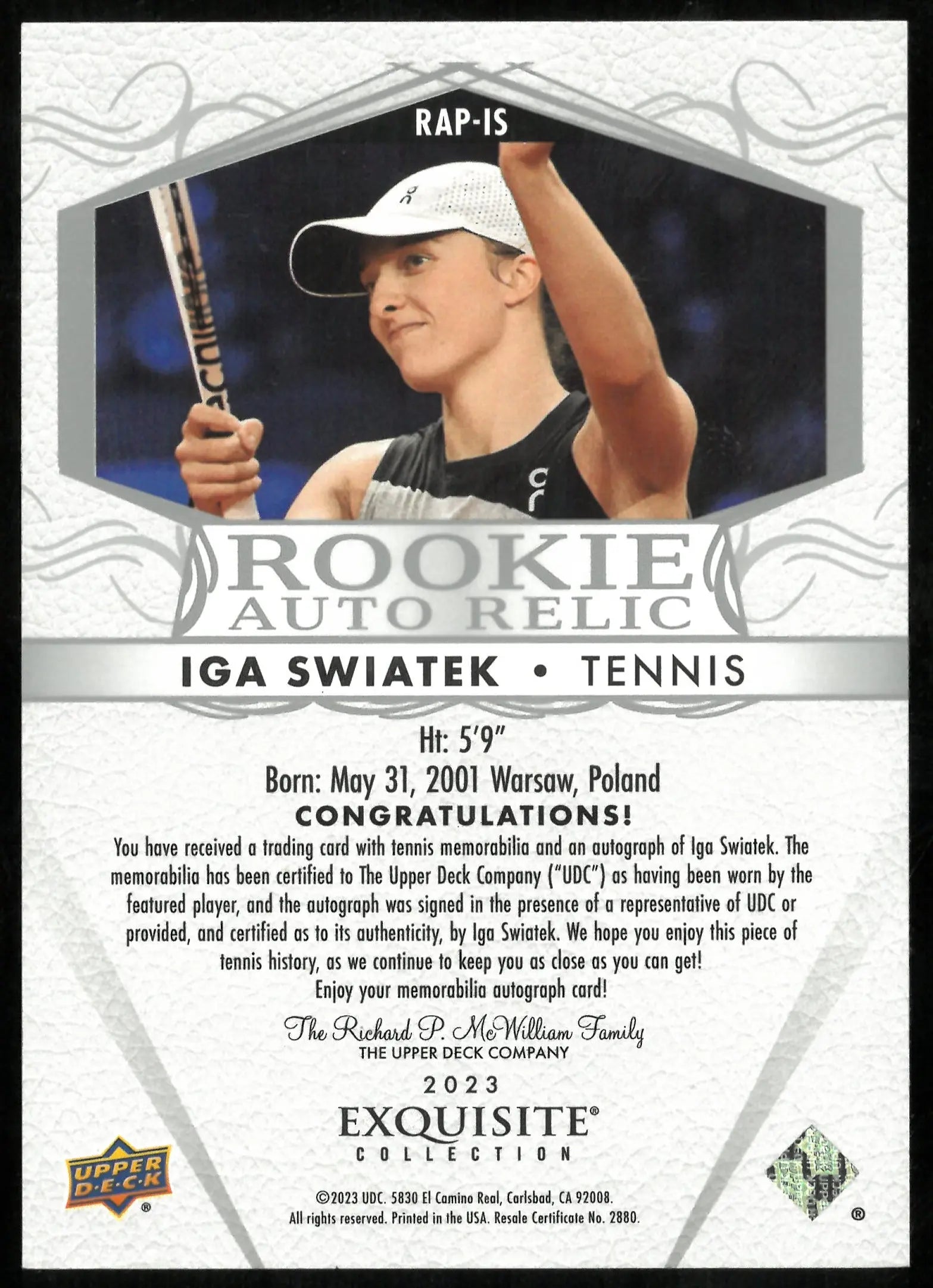 2023 Upper Deck Exquisite Collection Rookie Patch Auto Iga Swiatek /99 