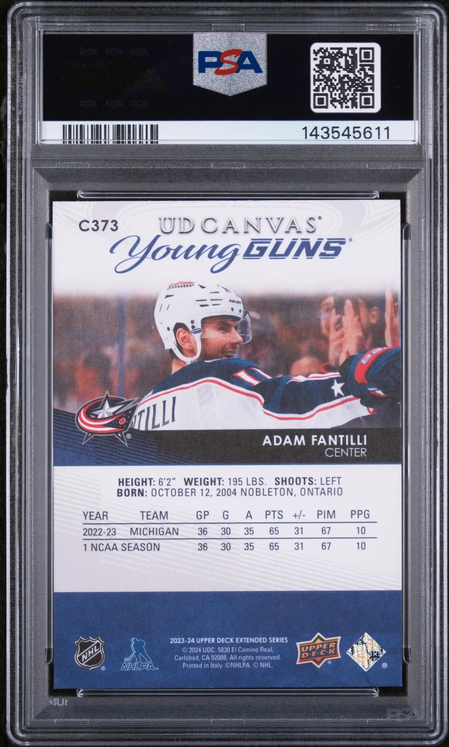 2023 Upper Deck Extended Series UD Canvas Young Guns Rookie Adam Fantilli  PSA10 