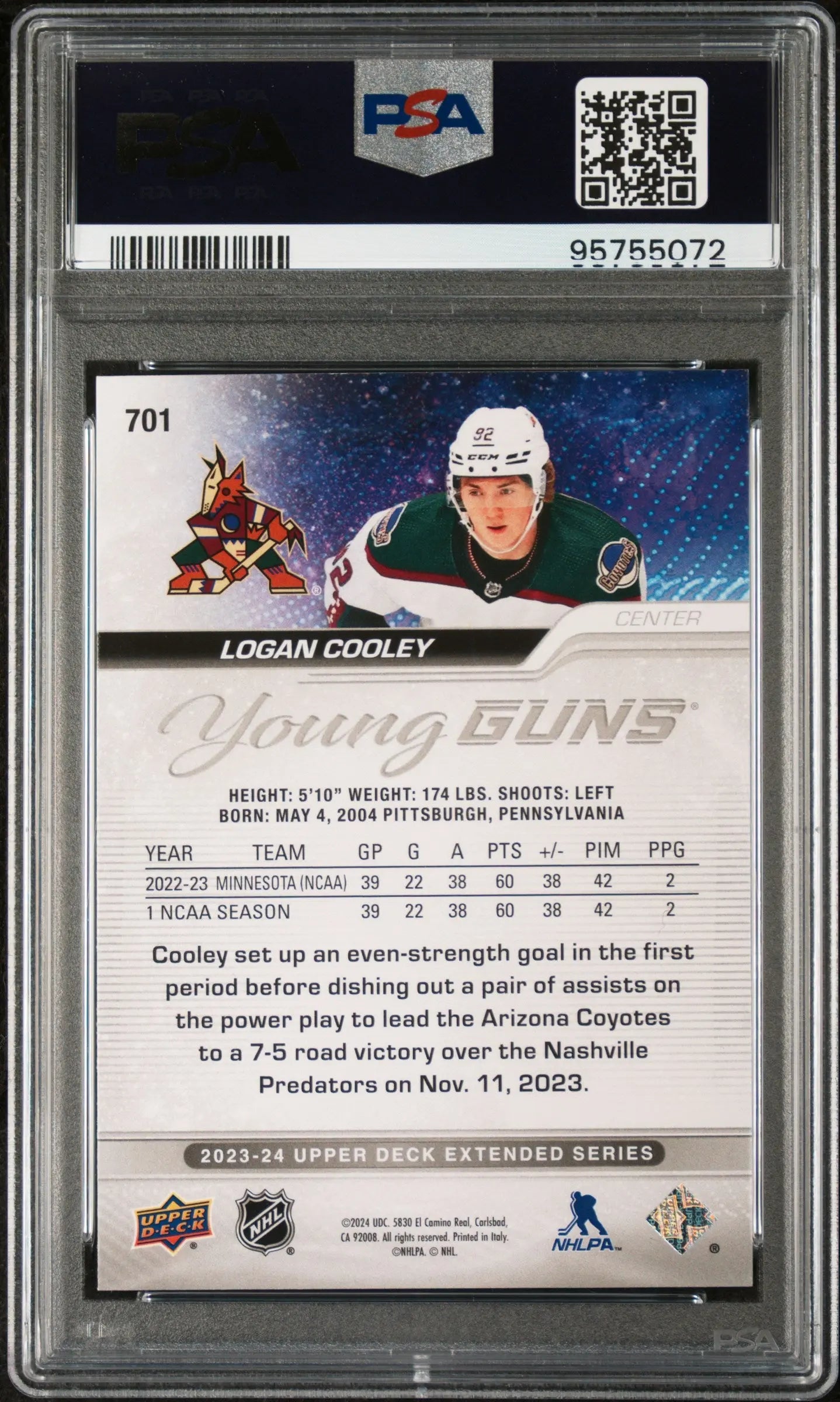 2023 Upper Deck Extended Series Young Guns Rookie Logan Cooley RC PSA 10 
