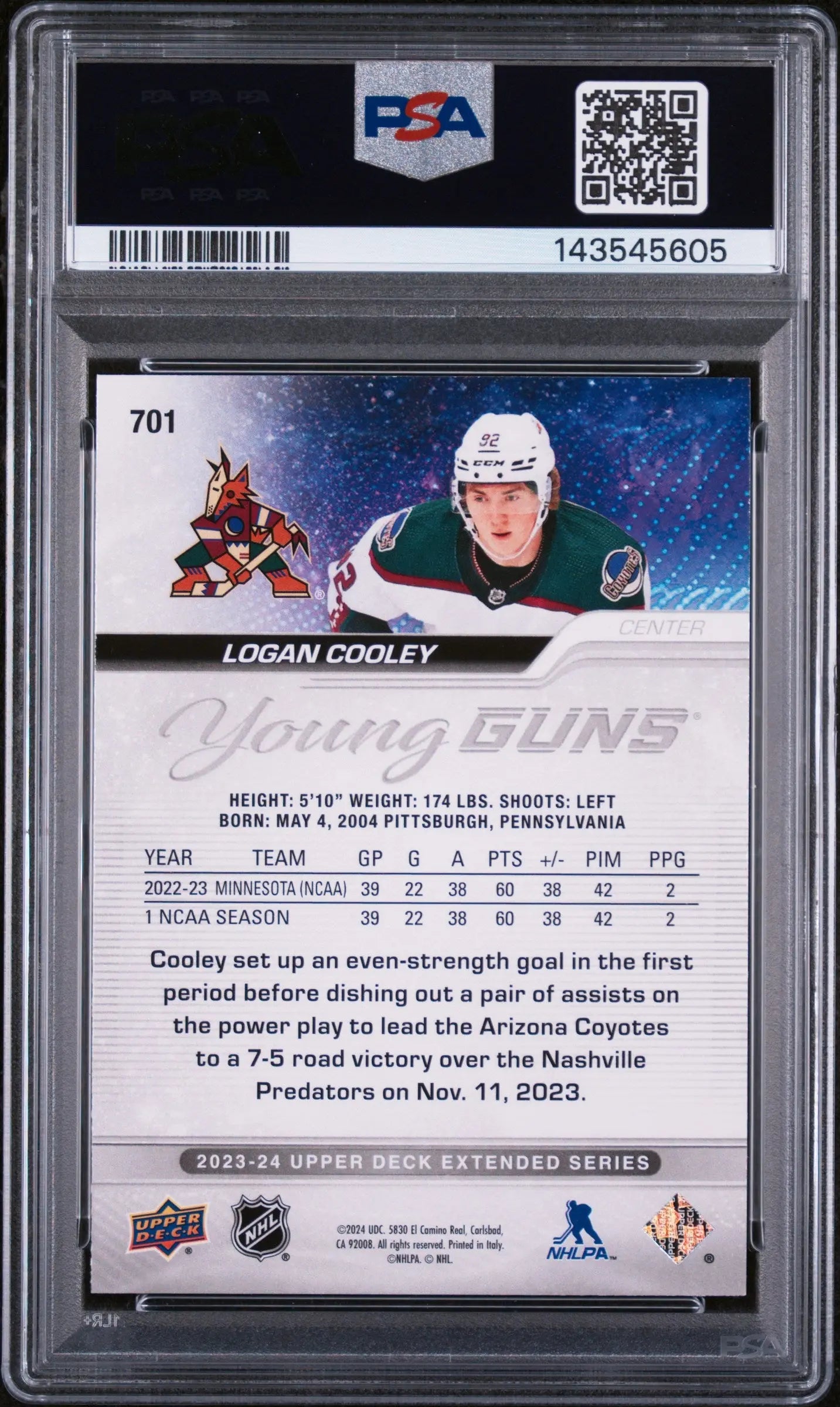 2023 Upper Deck Extended Series Young Guns Rookies Logan Cooley RC PSA 9 