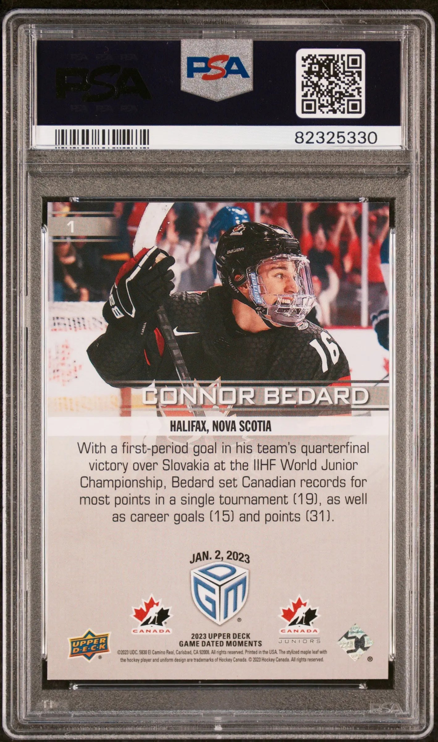 2023 Upper Deck Game Dated Moments Connor Bedard PSA 10 