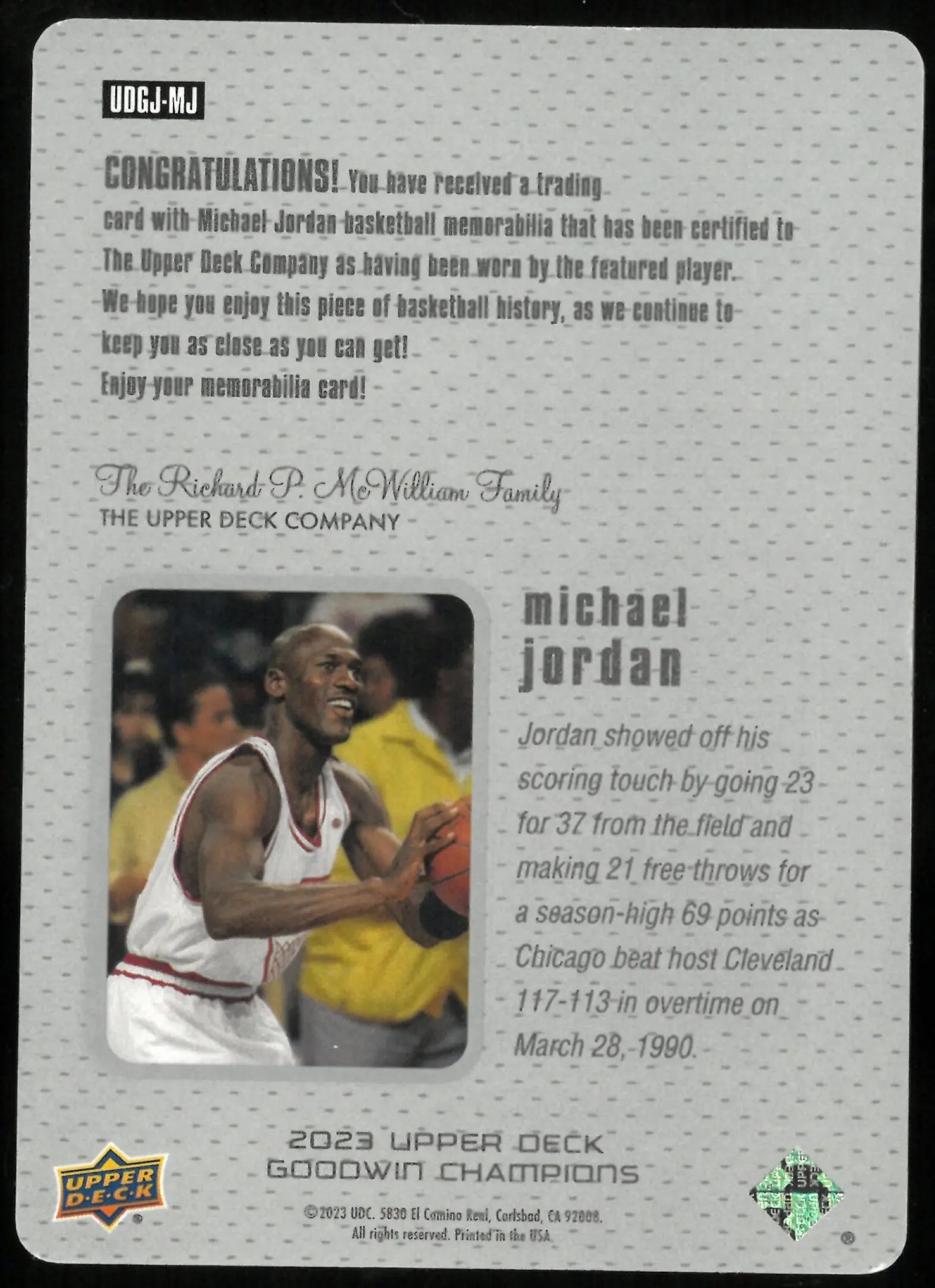 2023 Upper Deck Goodwin Champions Michael Jordan Game Jersey Patch 