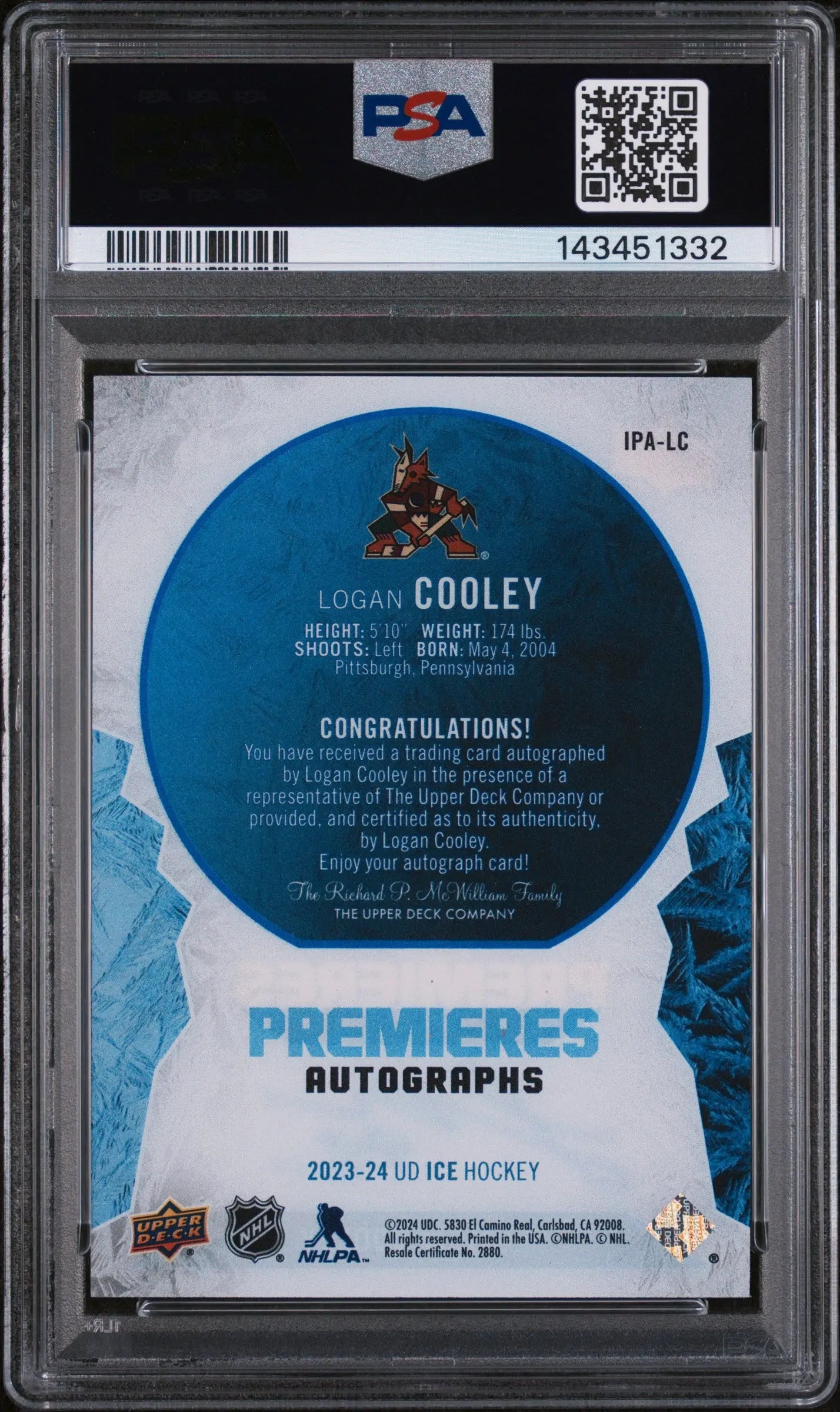 2023 Upper Deck Ice Ice Premieres Autographs Logan Cooley Auto /199 PSA 9 