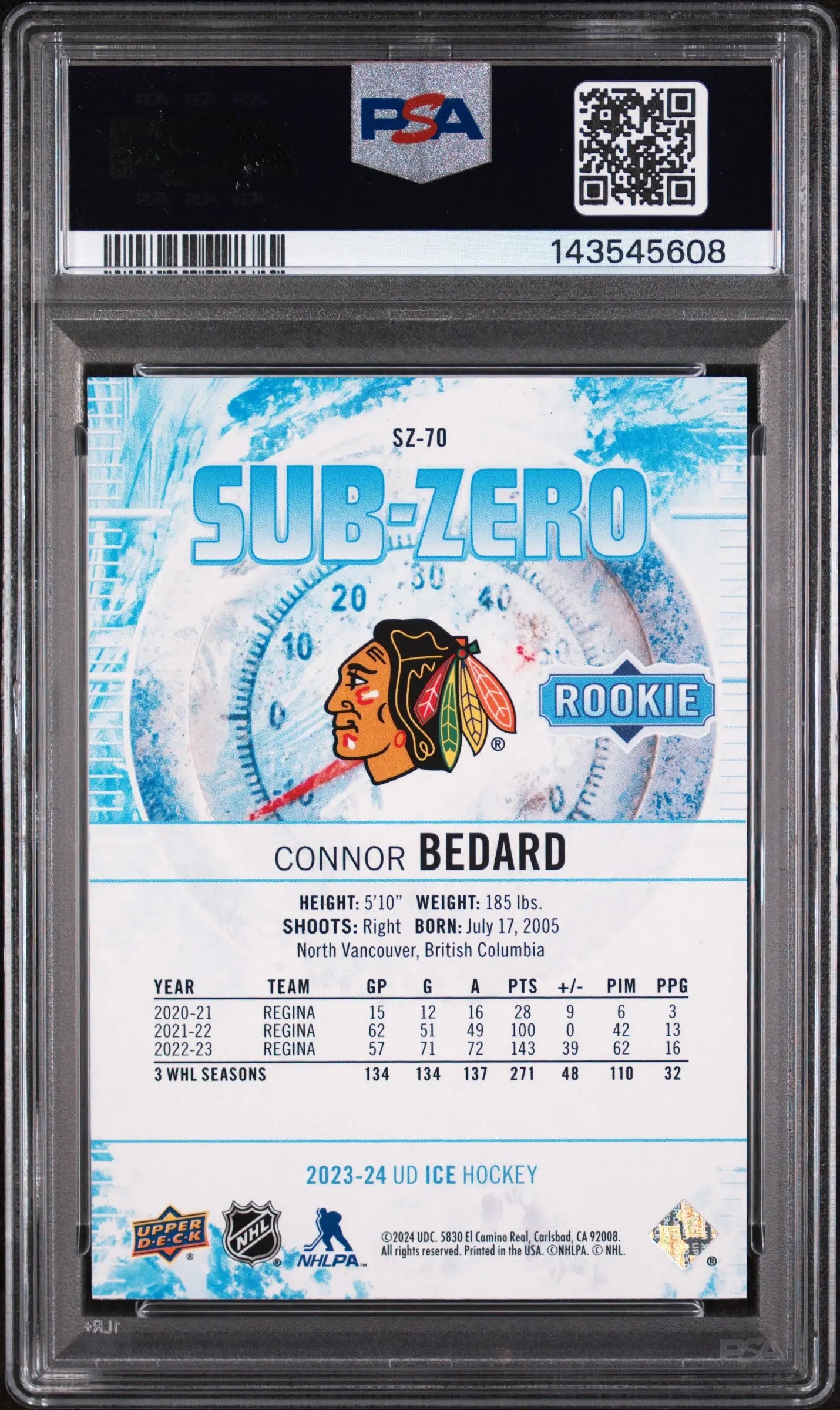 2023 Upper Deck Ice Sub Zero Rookie Connor Bedard RC /599 PSA 10 