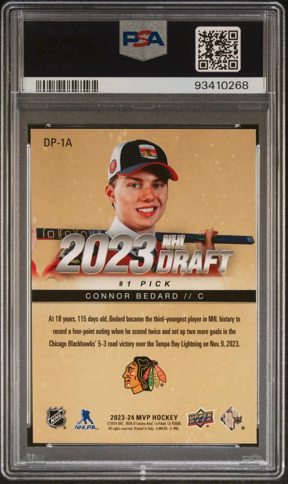 2023 Upper Deck MVP NHL Draft #1 Pick Rookie Connor Bedard Gold RC PSA 10 