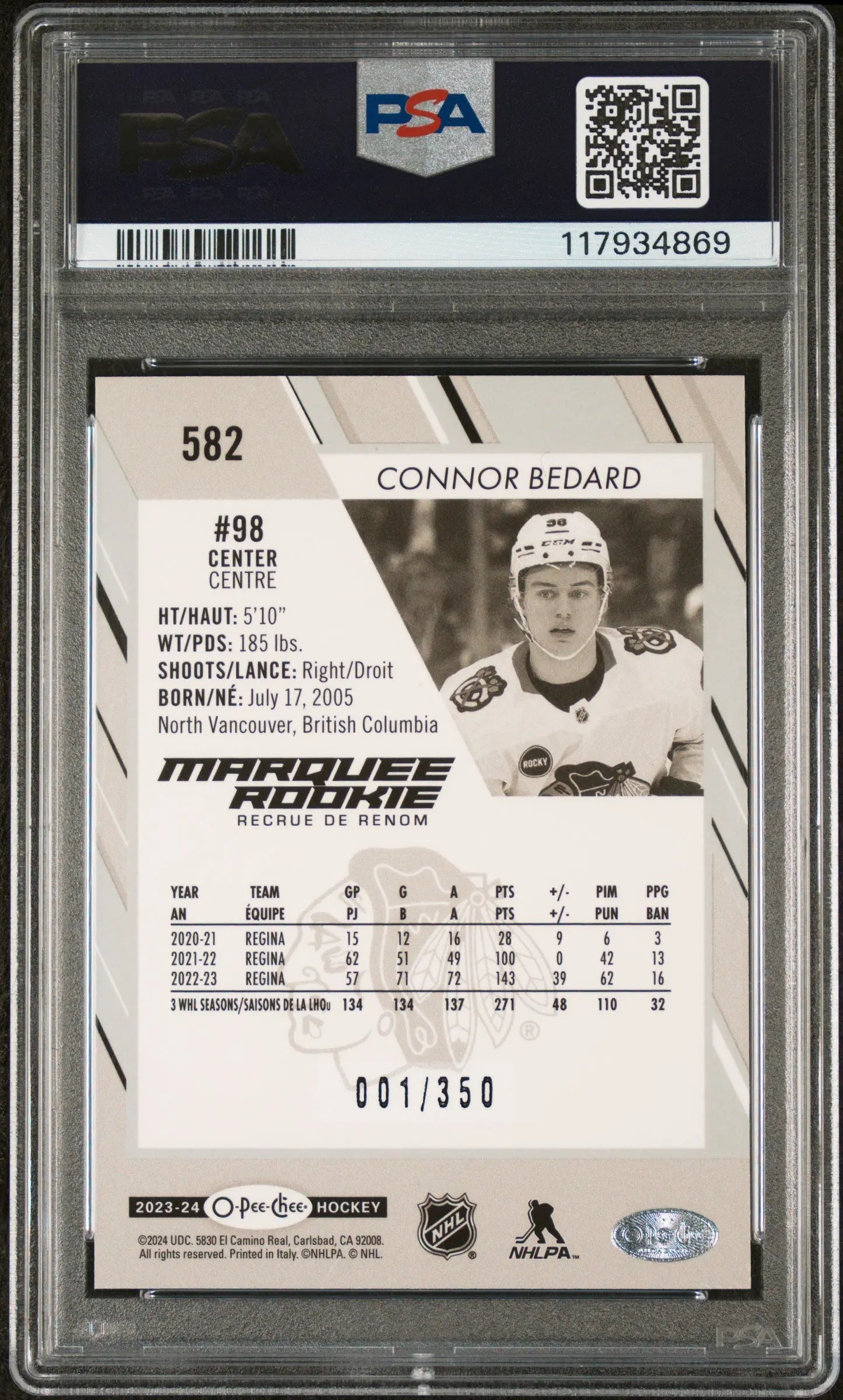2023 Upper Deck O-Pee-Chee Marquee Rookie Connor Bedard Rainbow RC PSA 10 