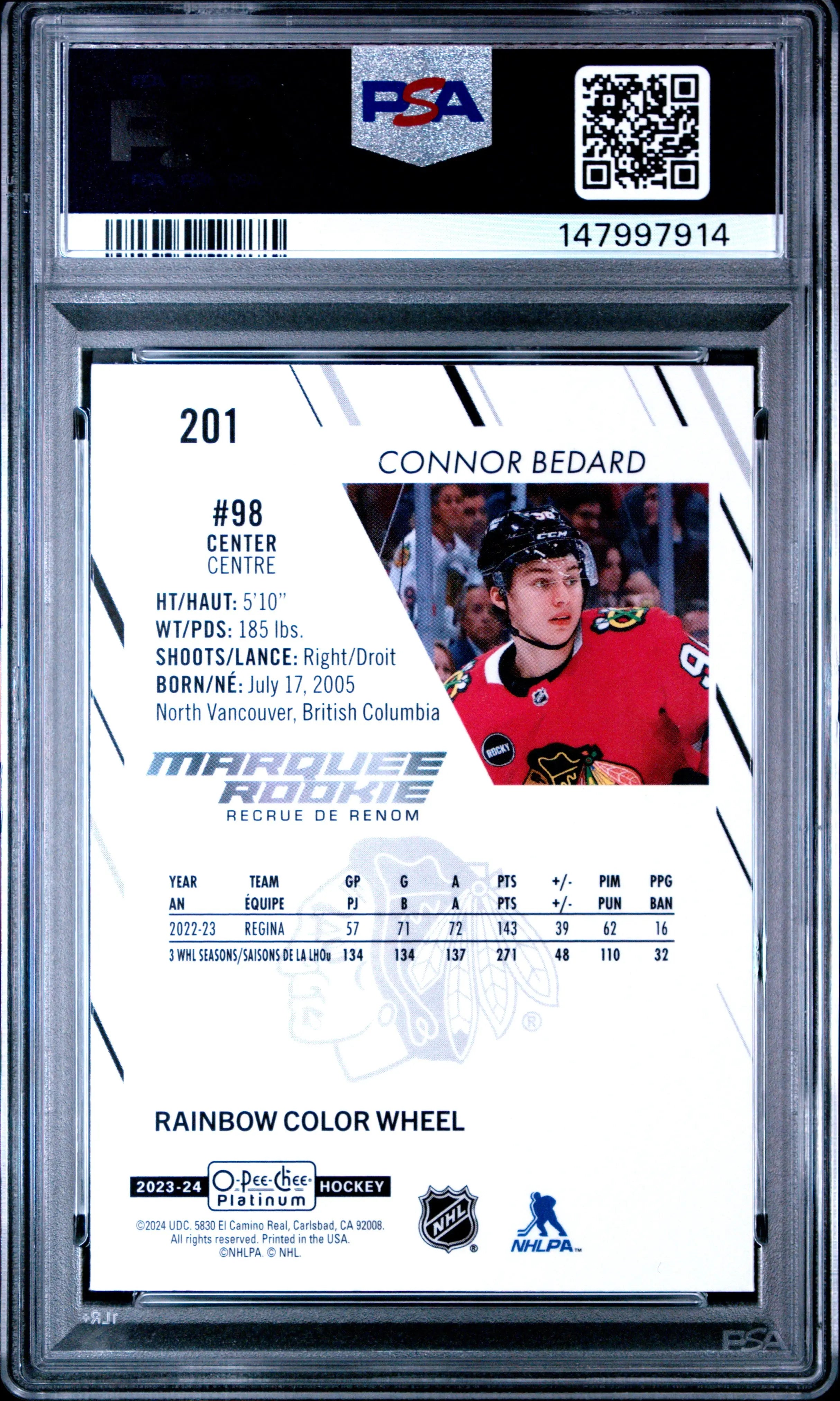 2023 Upper Deck O-Pee-Chee Platinum Connor Bedard 201 Rainbow Color Wheel RC Rookie PSA 10 