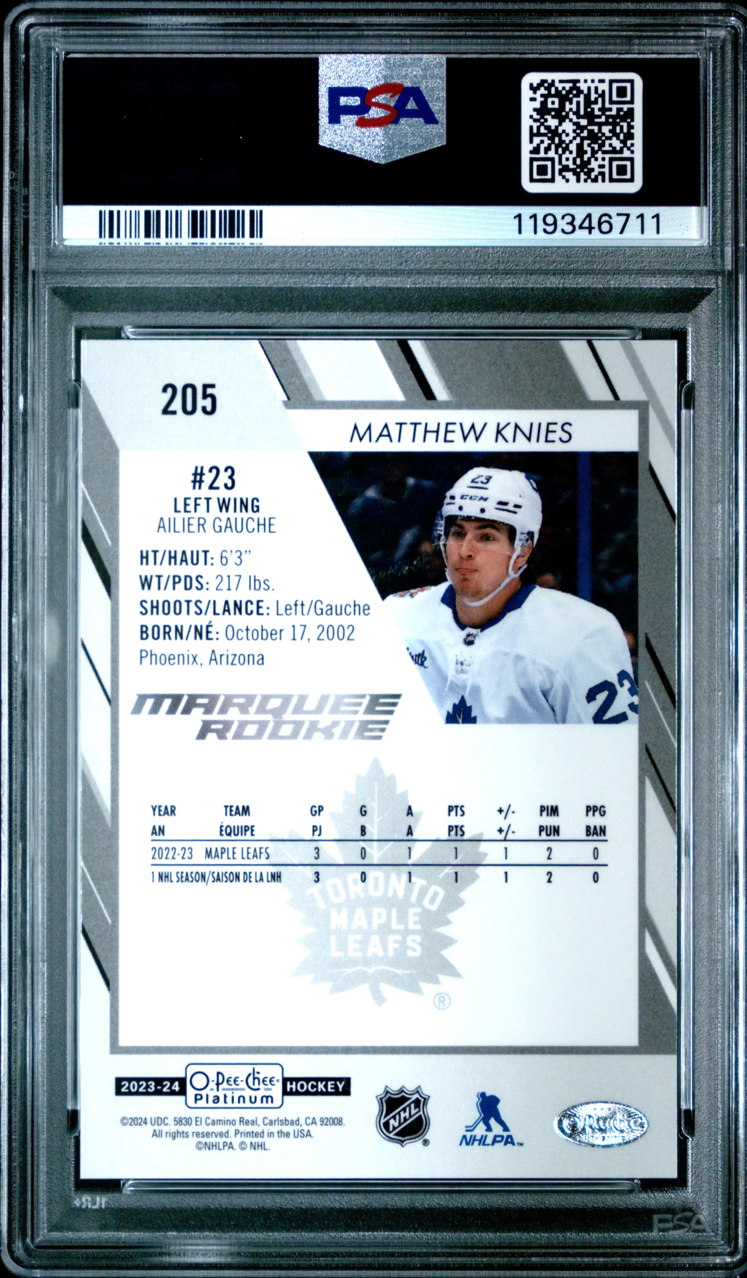 2023 Upper Deck O-Pee-Chee Platinum Rookie Matthew Knies Pond Hockey RC PSA 9 