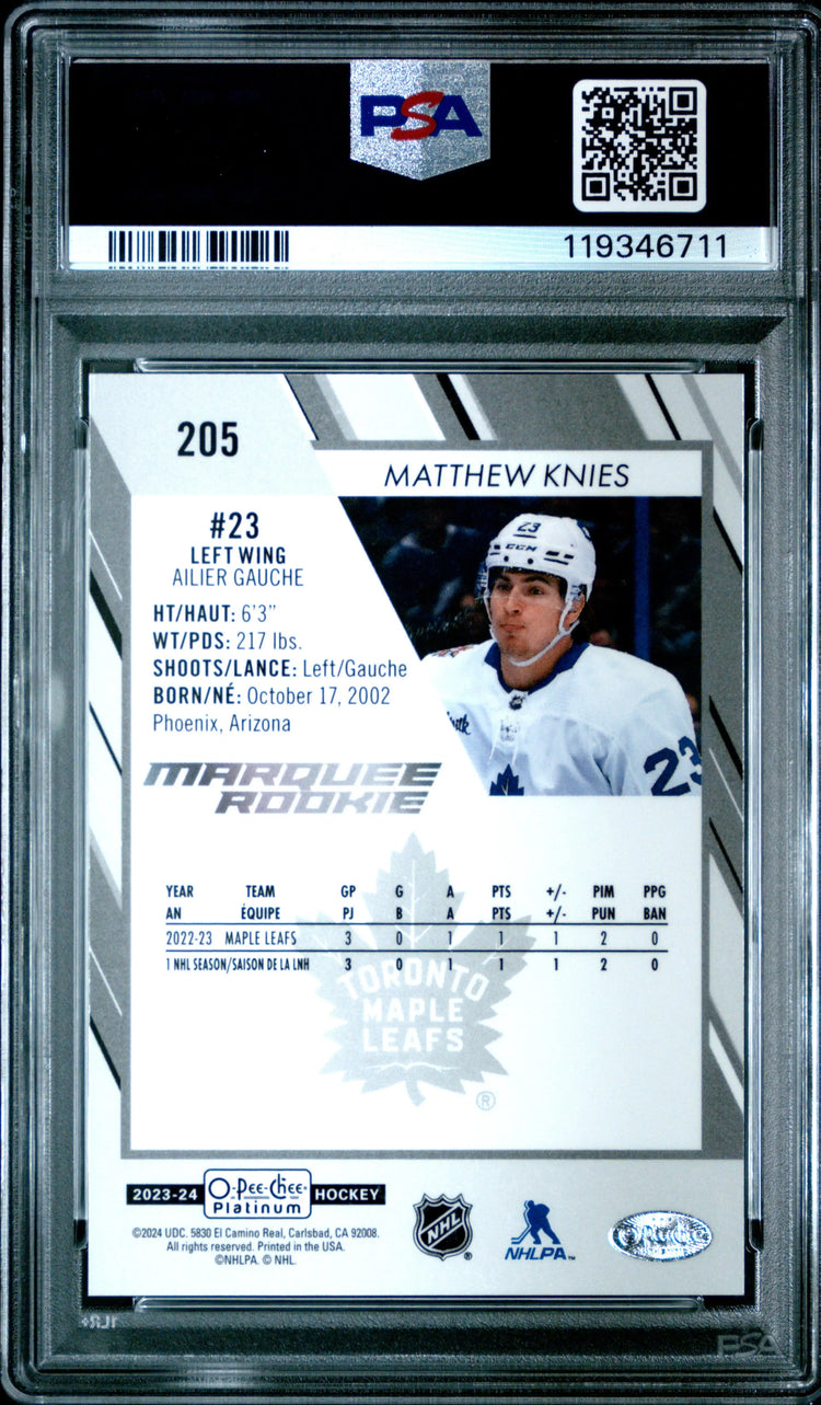 2023 Upper Deck O-Pee-Chee Platinum Rookie Matthew Knies Pond Hockey RC PSA 9 