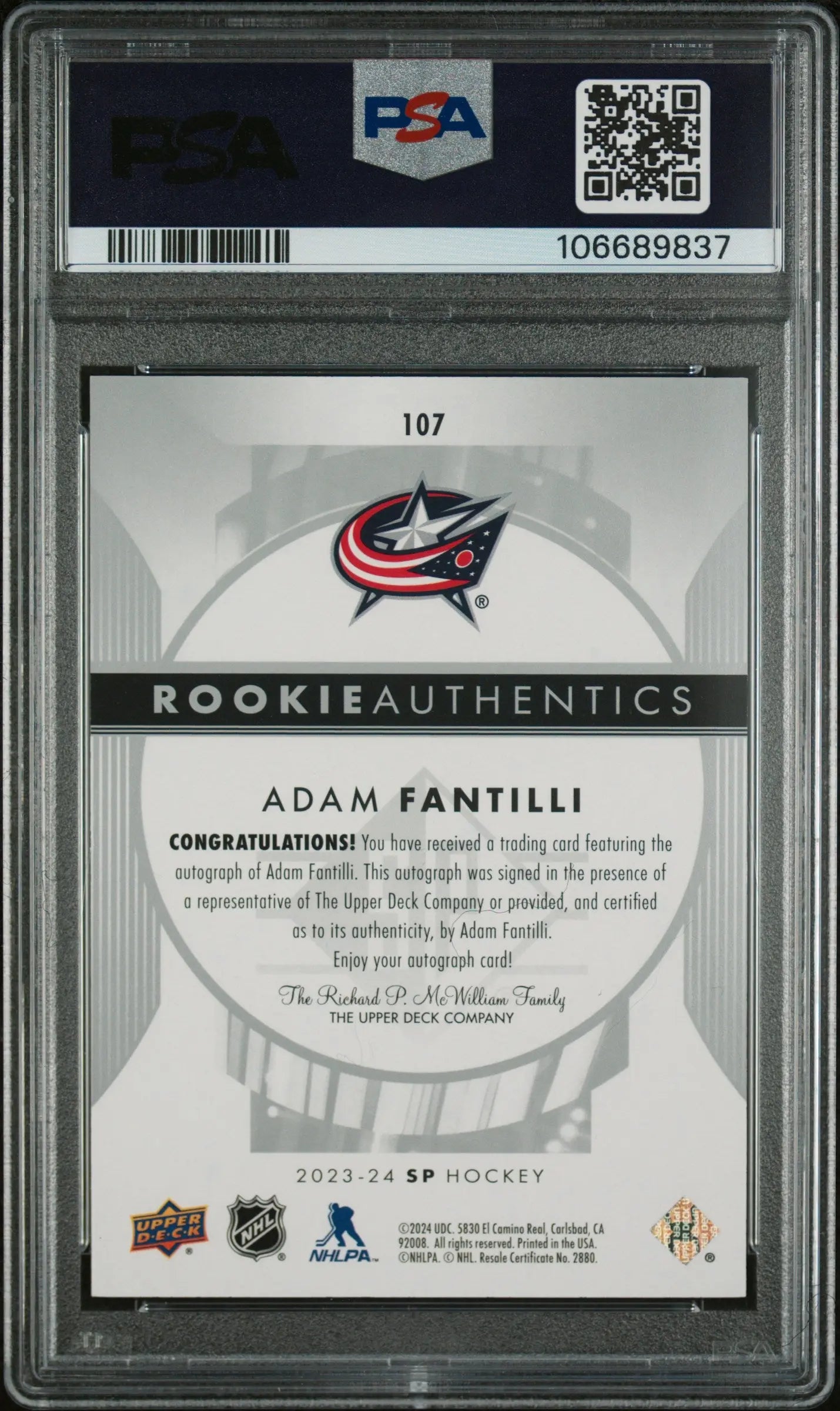 2023 Upper Deck SP Adam Fantilli RC Rookie Authentics Auto PSA 10 