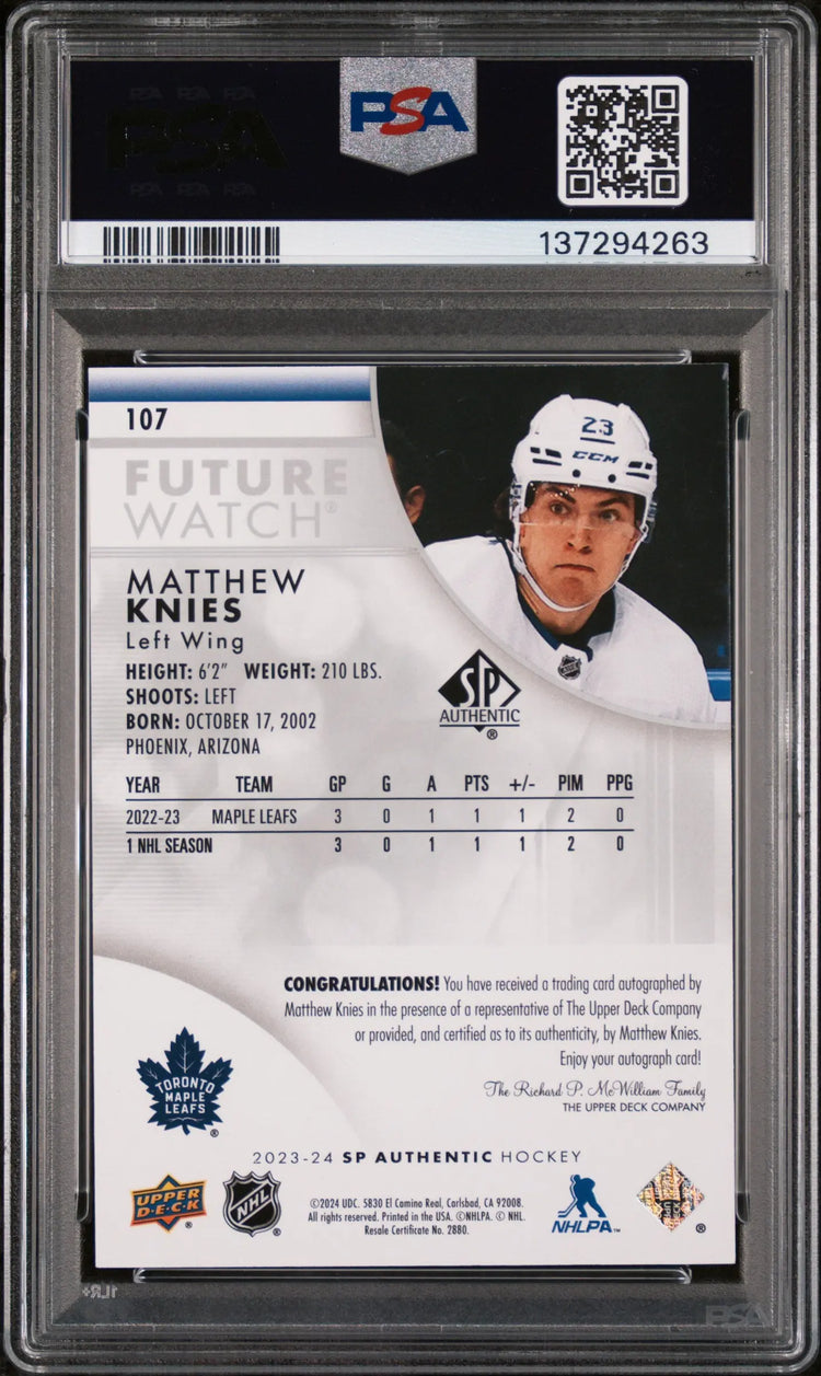 2023 Upper Deck SP Authentic Future Watch Rookie Auto Matthew Knies /999 PSA 8 