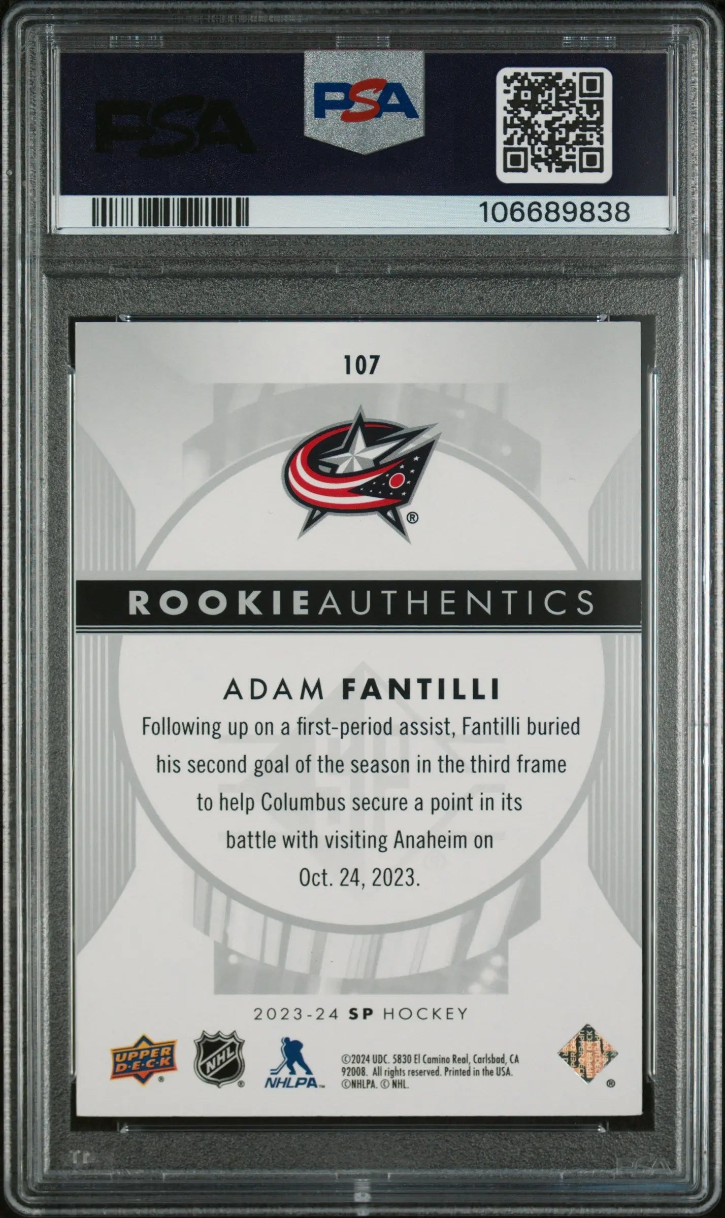 2023 Upper Deck SP Rookie RC Authentics Adam Fantilli PSA 10 
