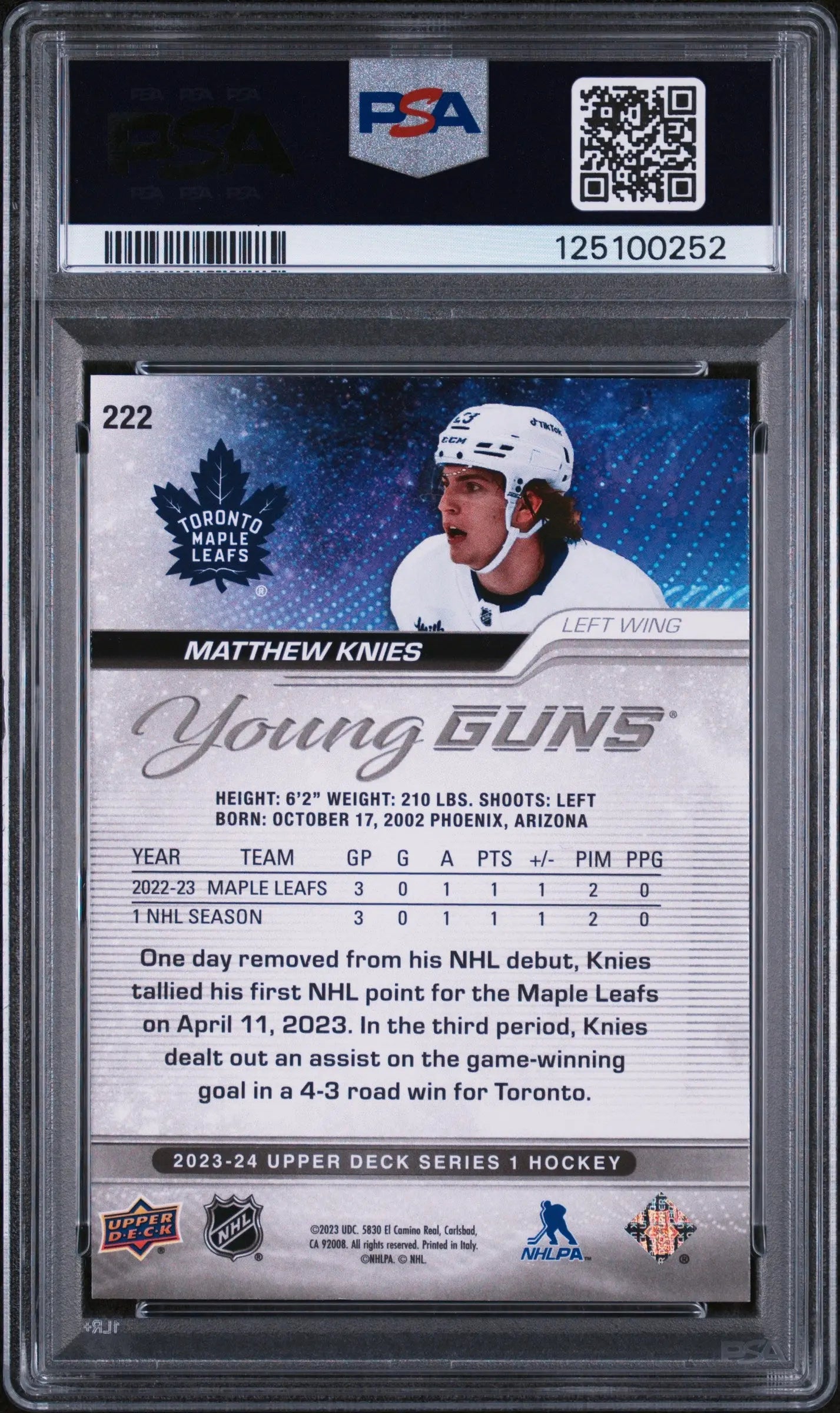 2023 Upper Deck Series 1 Matthew Knies Young Guns RC Speckled Rainbow Foil PSA 9 