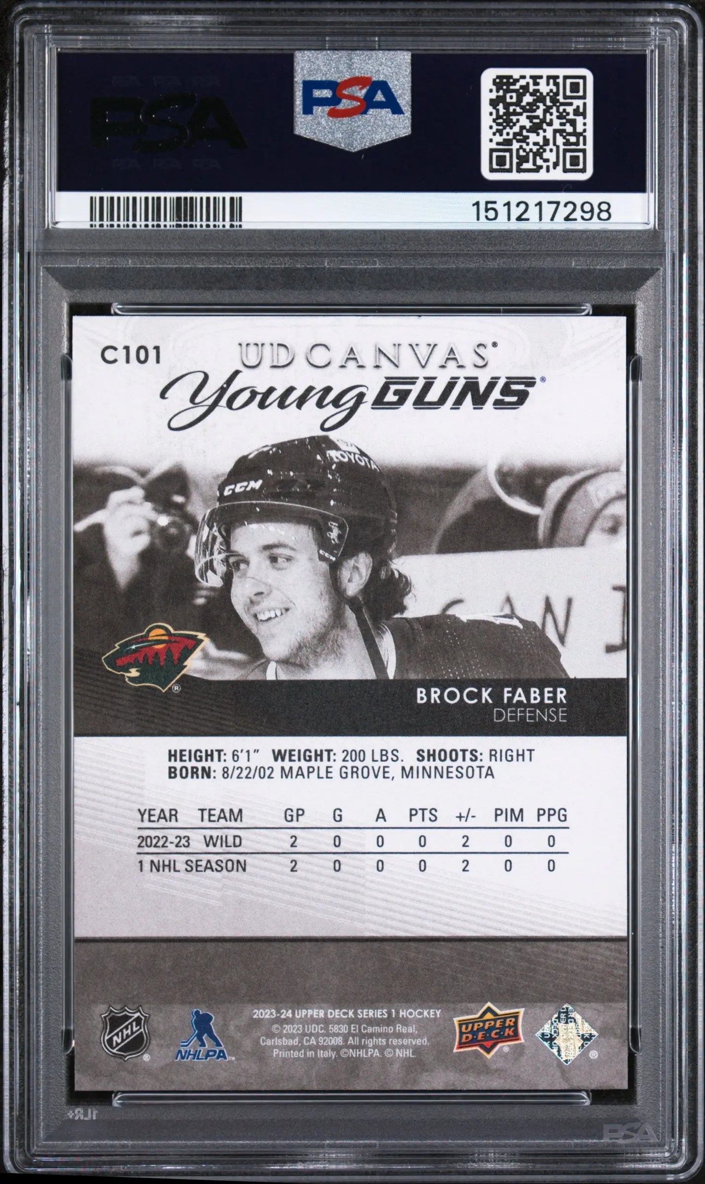 2023 Upper Deck Series 1 UD Canvas Young Guns Rookie Brock Faber B&W RC PSA 9 