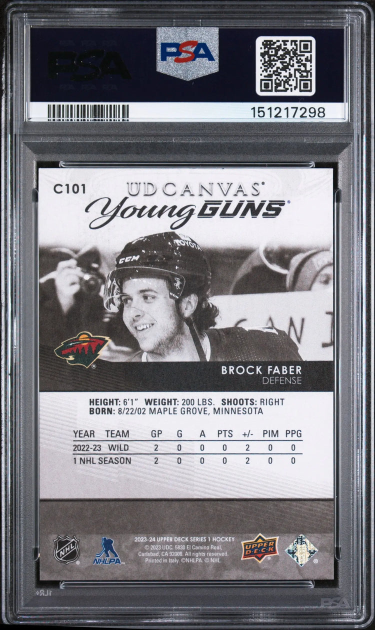 2023 Upper Deck Series 1 UD Canvas Young Guns Rookie Brock Faber B&W RC PSA 9 