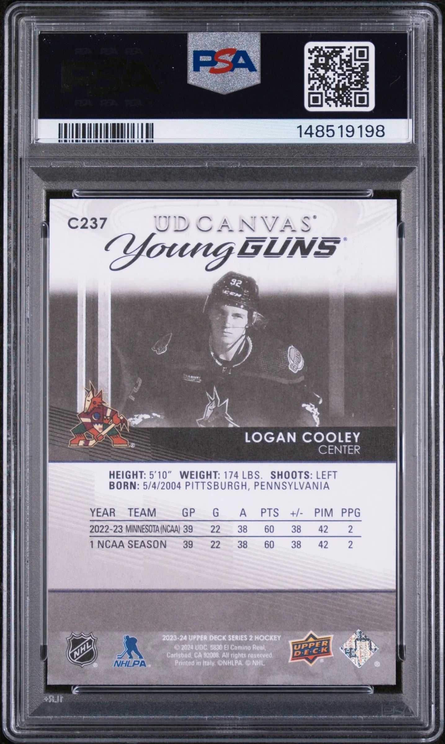 2023 Upper Deck Series 2 UD Canvas Young Guns Rookie Logan Cooley B&W RC PSA 10 