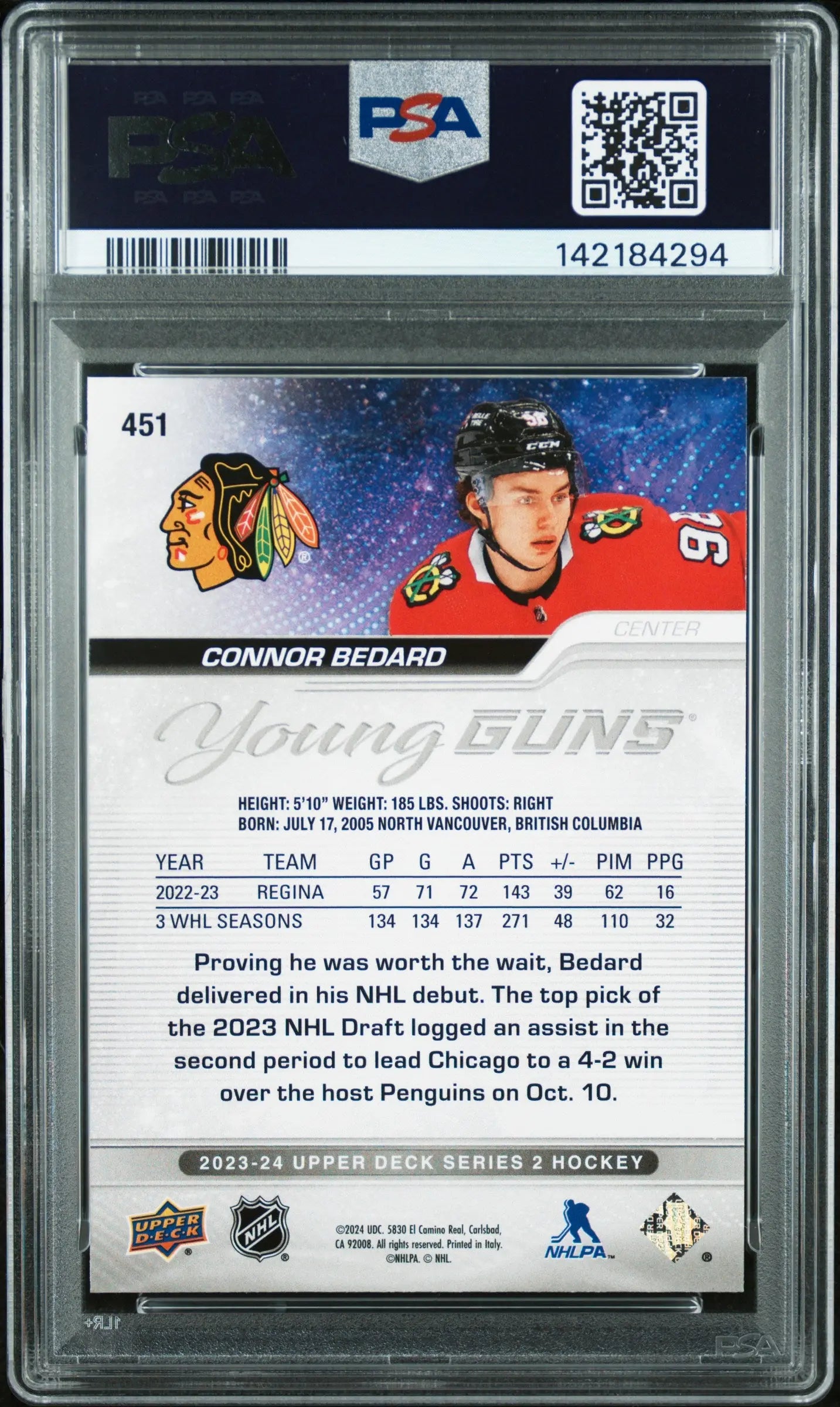 2023 Upper Deck Series 2 Young Guns Rookie Connor Bedard RC PSA 10 
