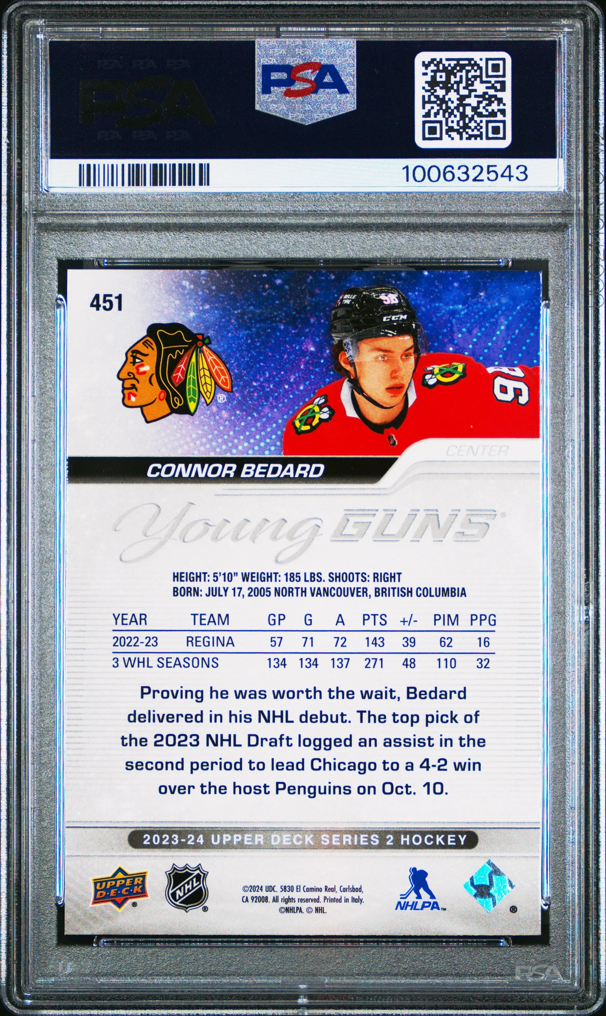 2023 Upper Deck Series 2 Young Guns Rookie Connor Bedard RC PSA 10 