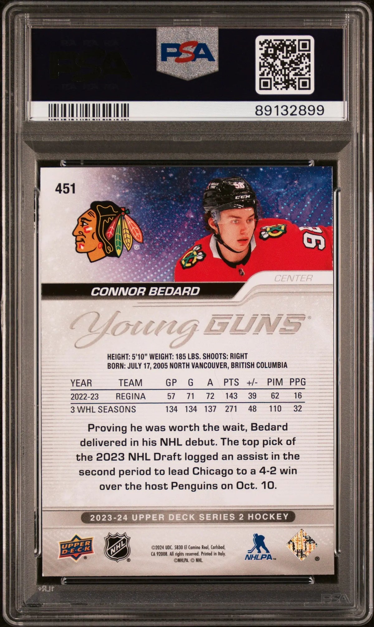 2023 Upper Deck Series 2 Young Guns Rookie Connor Bedard RC PSA 9 