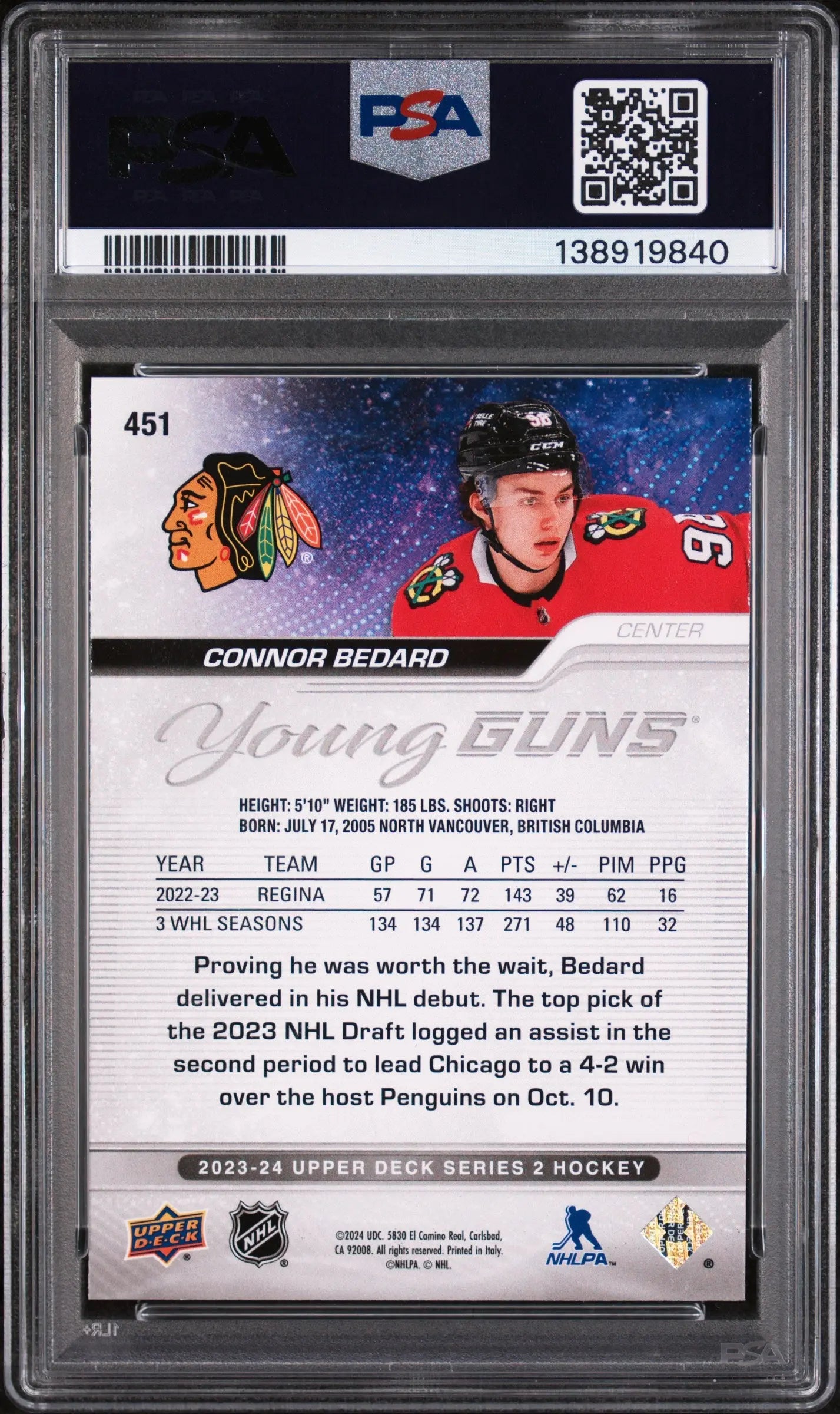 2023 Upper Deck Series 2 Young Guns Rookie Connor Bedard RCPSA 10 