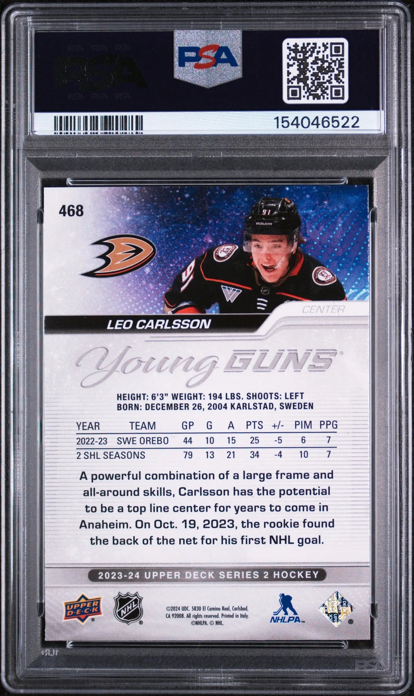2023 Upper Deck Series 2 Young Guns Rookie Leo Carlsson RC PSA 9 