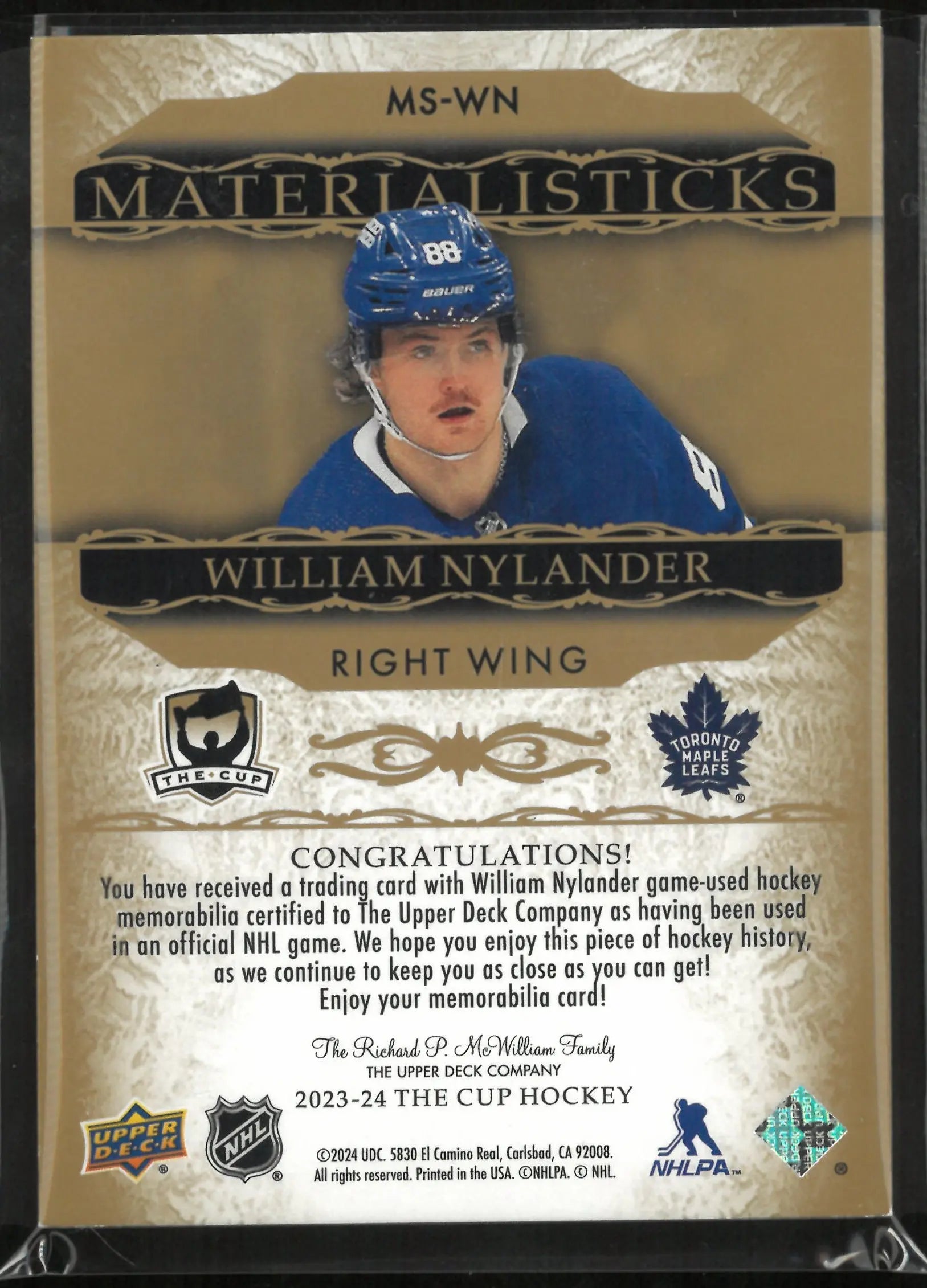 2023 Upper Deck The Cup Materialisticks WIlliam Nylander Patch 12/25 