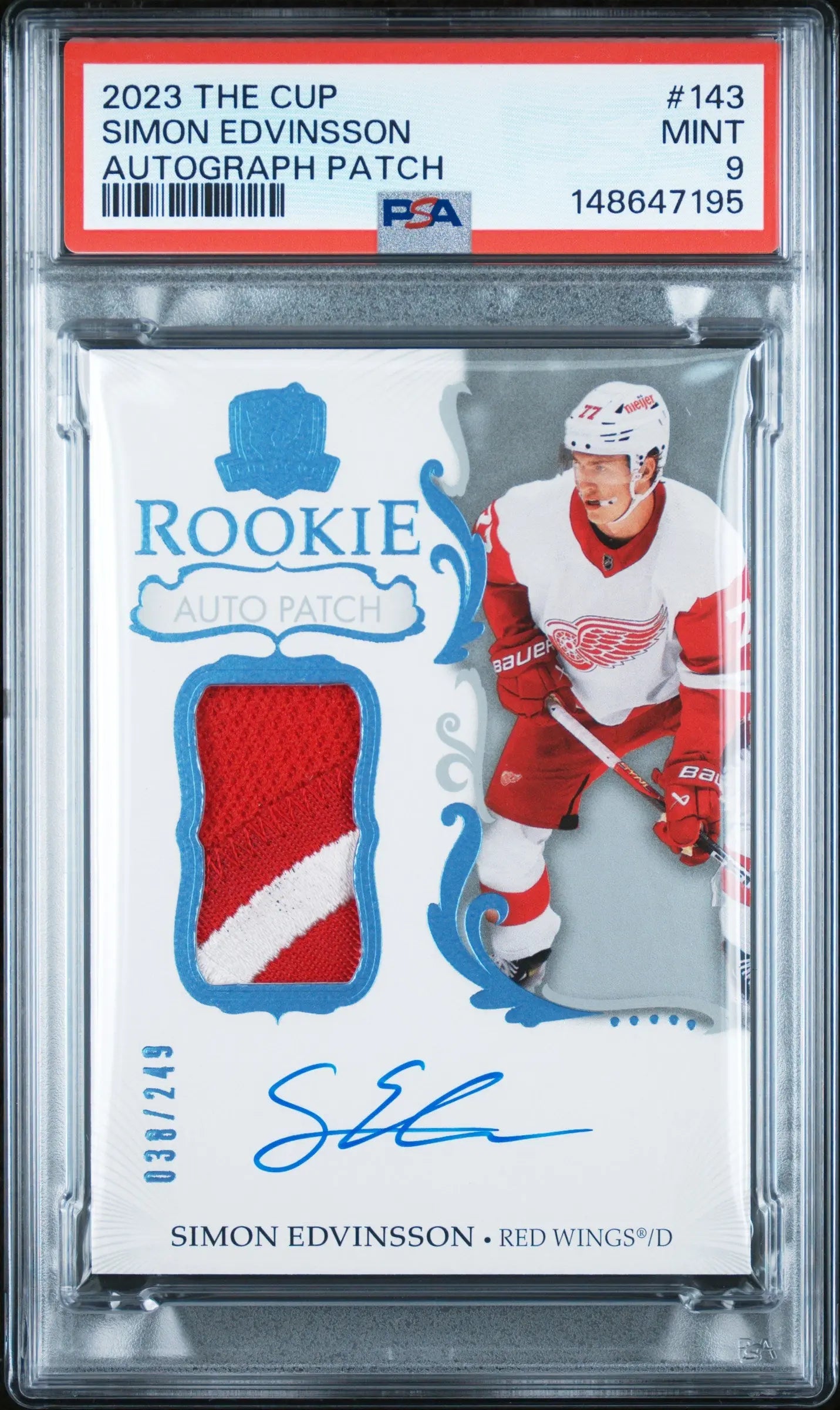 2023 Upper Deck The Cup Simon Edvinsson RC Rookie Auto Patch /249 PSA 9 