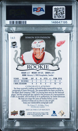 2023 Upper Deck The Cup Simon Edvinsson RC Rookie Auto Patch /249 PSA 9 