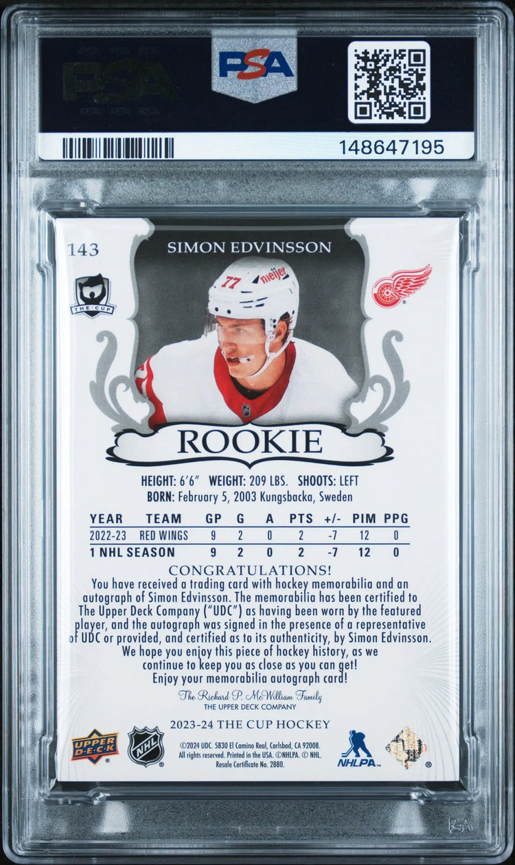 2023 Upper Deck The Cup Simon Edvinsson RC Rookie Auto Patch /249 PSA 9 