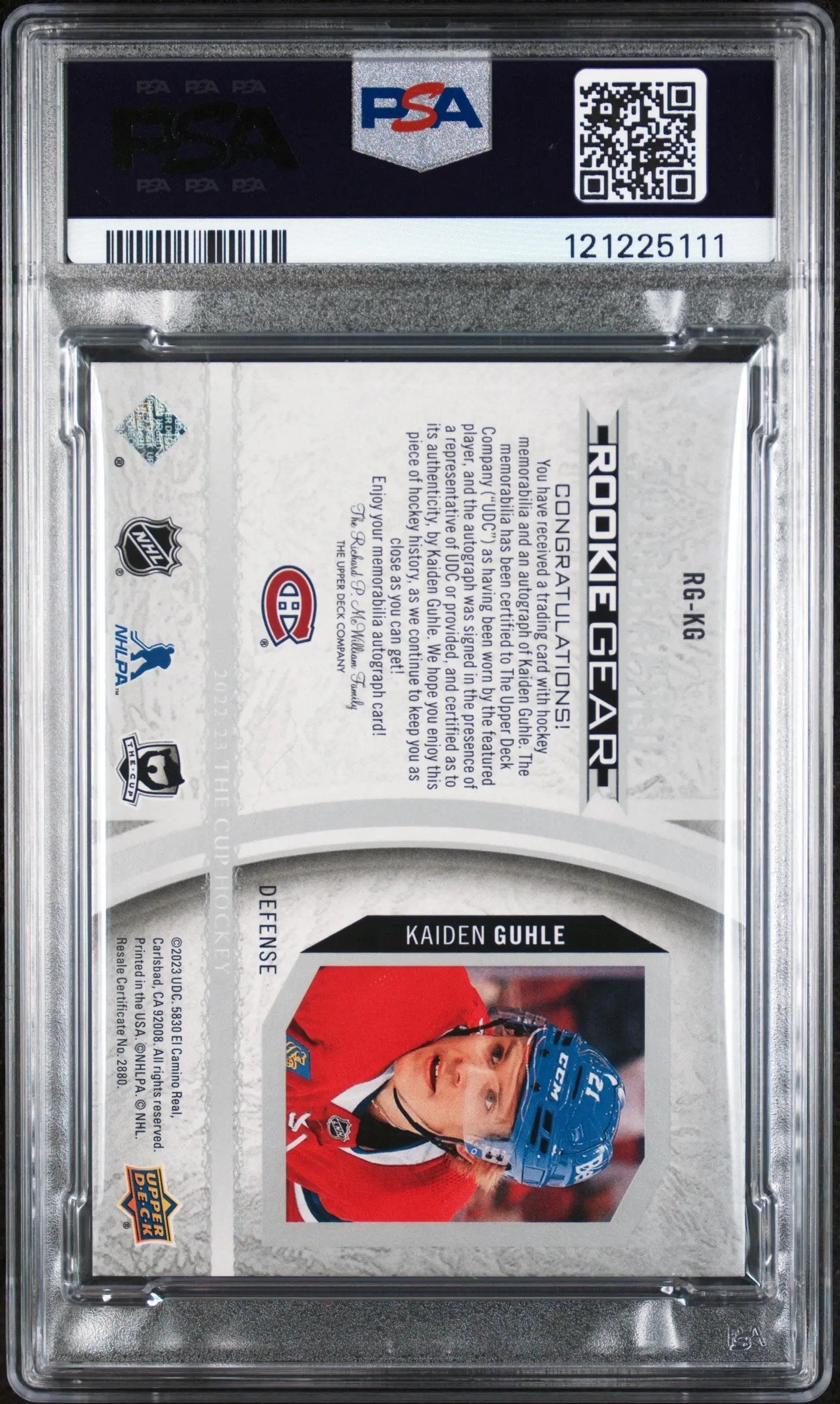 2023 Upper Deck The Cup Update Kaiden Guhle '22 Auto Rookie Gear Patch /24 PSA 8 