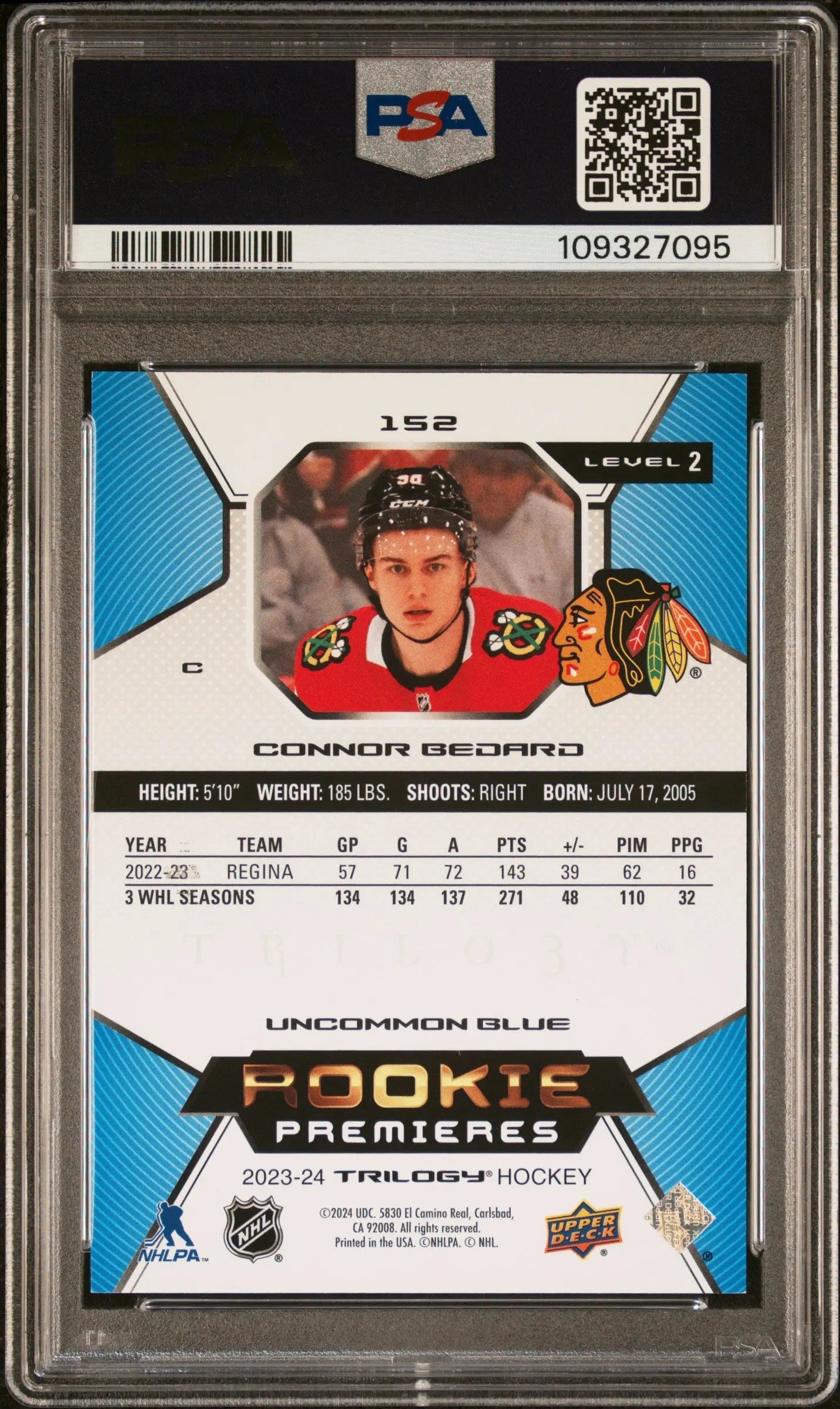 2023 Upper Deck Trilogy Rookie Connor Bedard  Blue /49 RC PSA 9 