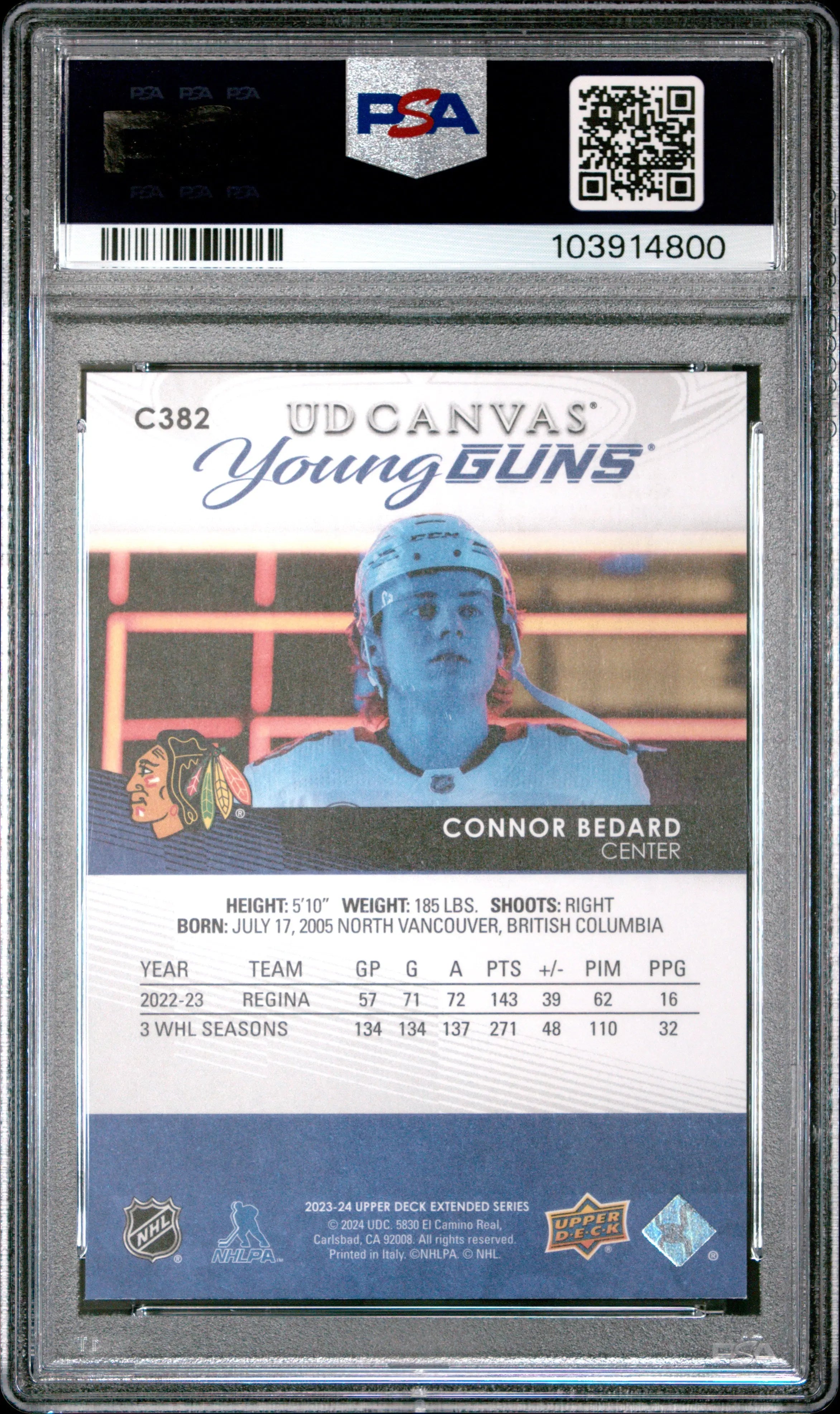 2023 Upper Deck UD Canvas Young Guns Rookie Connor Bedard #C382 PSA 9 