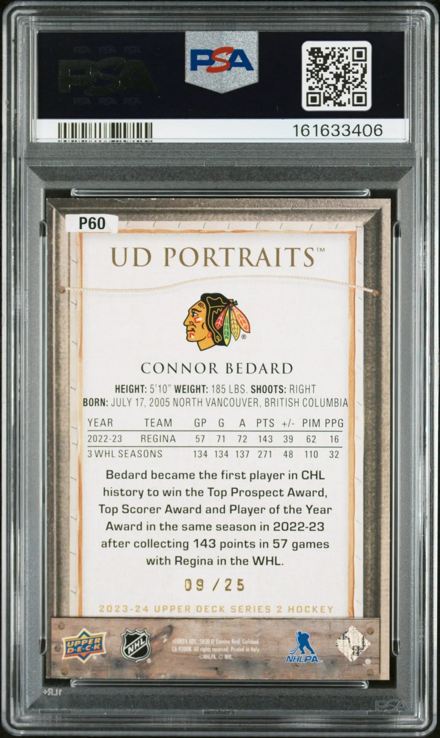 2023 Upper Deck Ud Portraits #P60 Connor Bedard Red Frame /25 PSA 8 