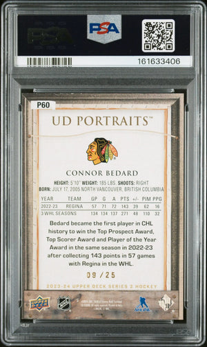 2023 Upper Deck Ud Portraits #P60 Connor Bedard Red Frame /25 PSA 8 