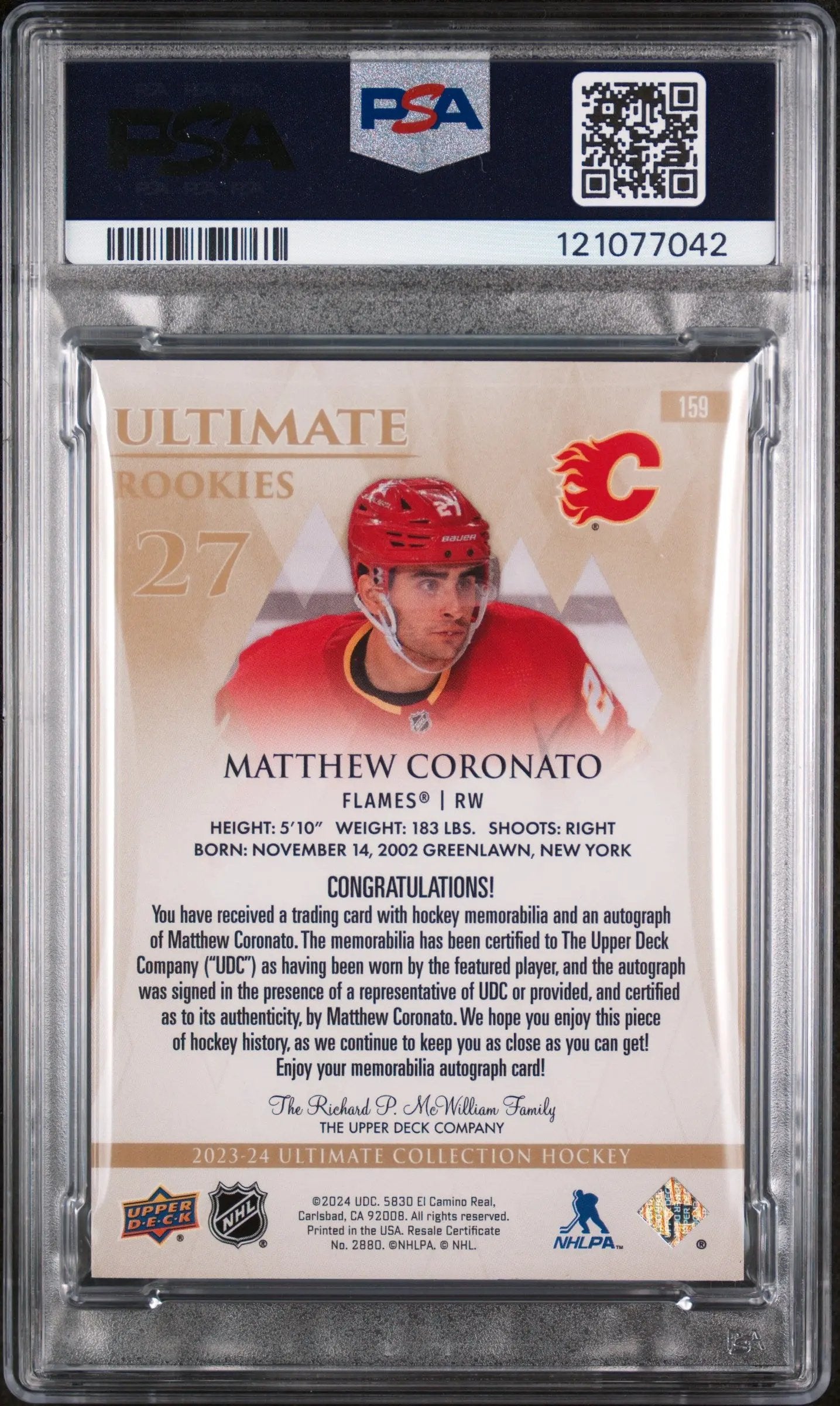 2023 Upper Deck Ultimate Col. Matthew Coronato RC Rookie Jersey Auto / 99 PSA 9 