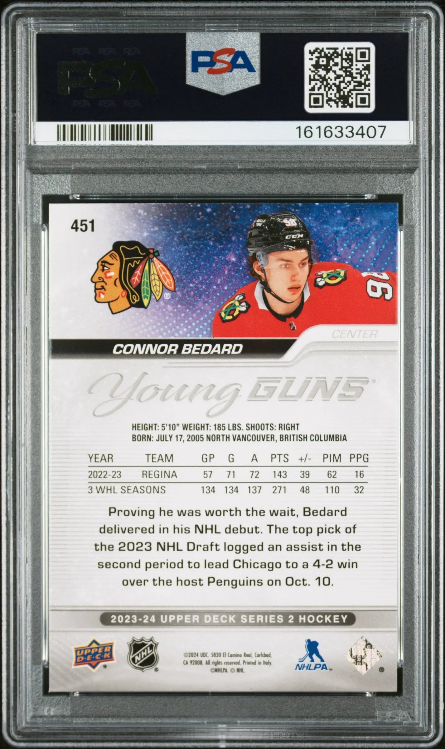 2023 Upper Deck #451 Connor Bedard Outburst Young Guns Rookie PSA 9 