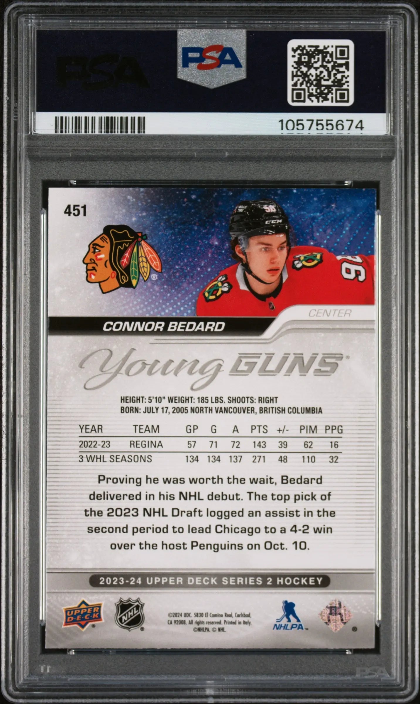 2023 Upper Deck #451 Connor Bedard Silver Foil Young Guns Rookie PSA 10 