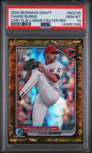 2024 1st Bowman Chrome Chase Burns RC Yellow Lunar Crater Refractor /75 PSA 10 