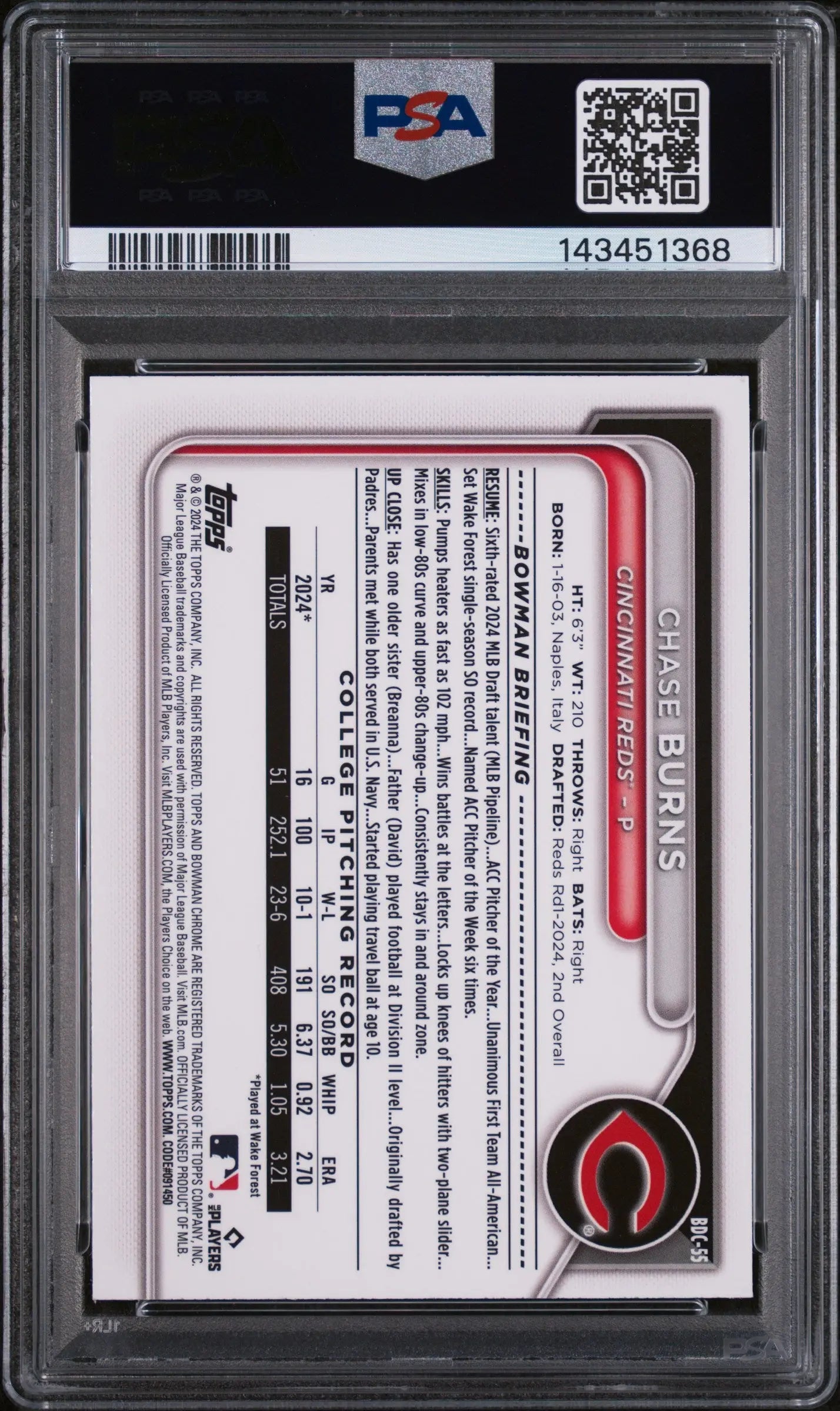 2024 1st Bowman Chrome Chase Burns RC Yellow Lunar Crater Refractor /75 PSA 10 