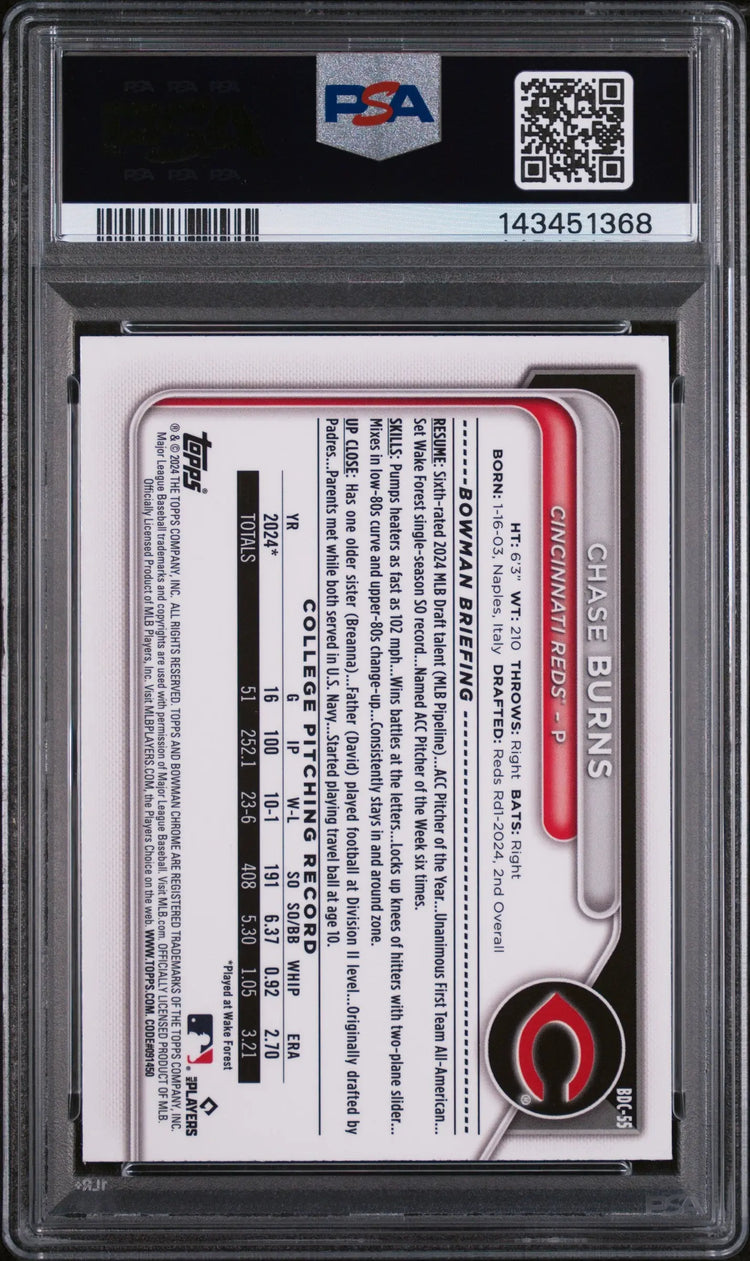2024 1st Bowman Chrome Chase Burns RC Yellow Lunar Crater Refractor /75 PSA 10 