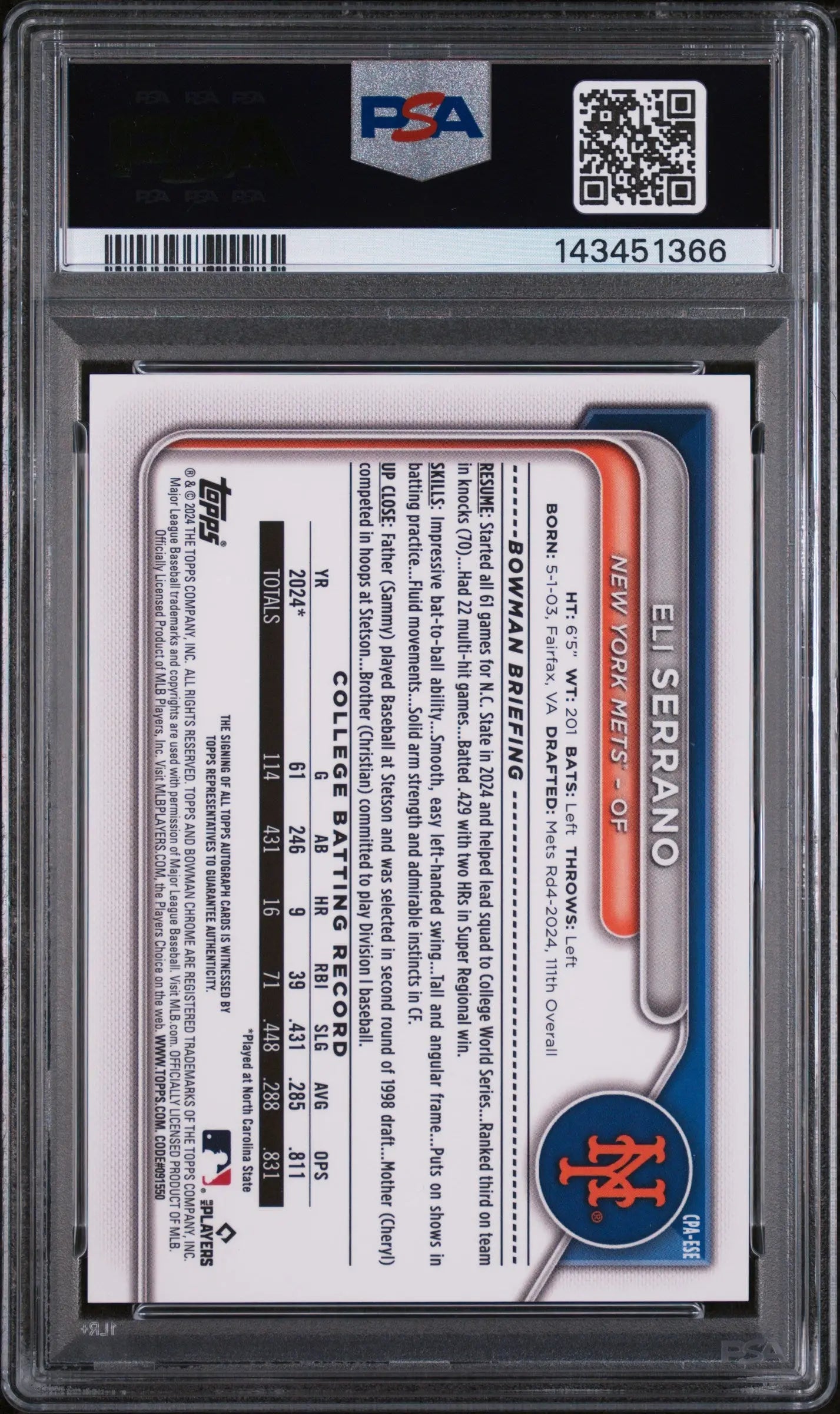 2024 1st Bowman Chrome Prospect Autographs Eli Serrano RC Aqua Lava /199 PSA 9 