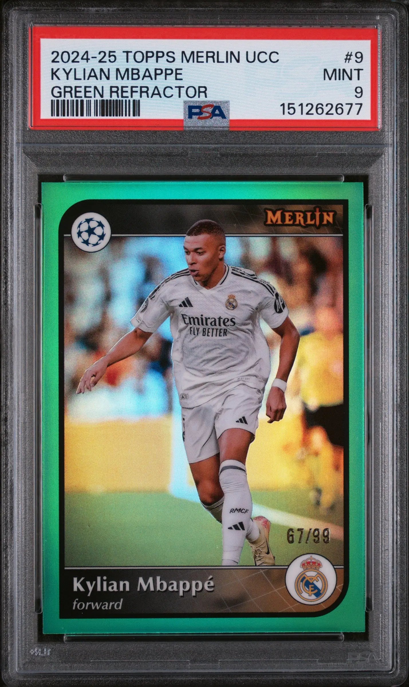2024-2025 Topps Merlin UEFA Club Competitions Kylian Mbappe Green Ref. /99 PSA 9 