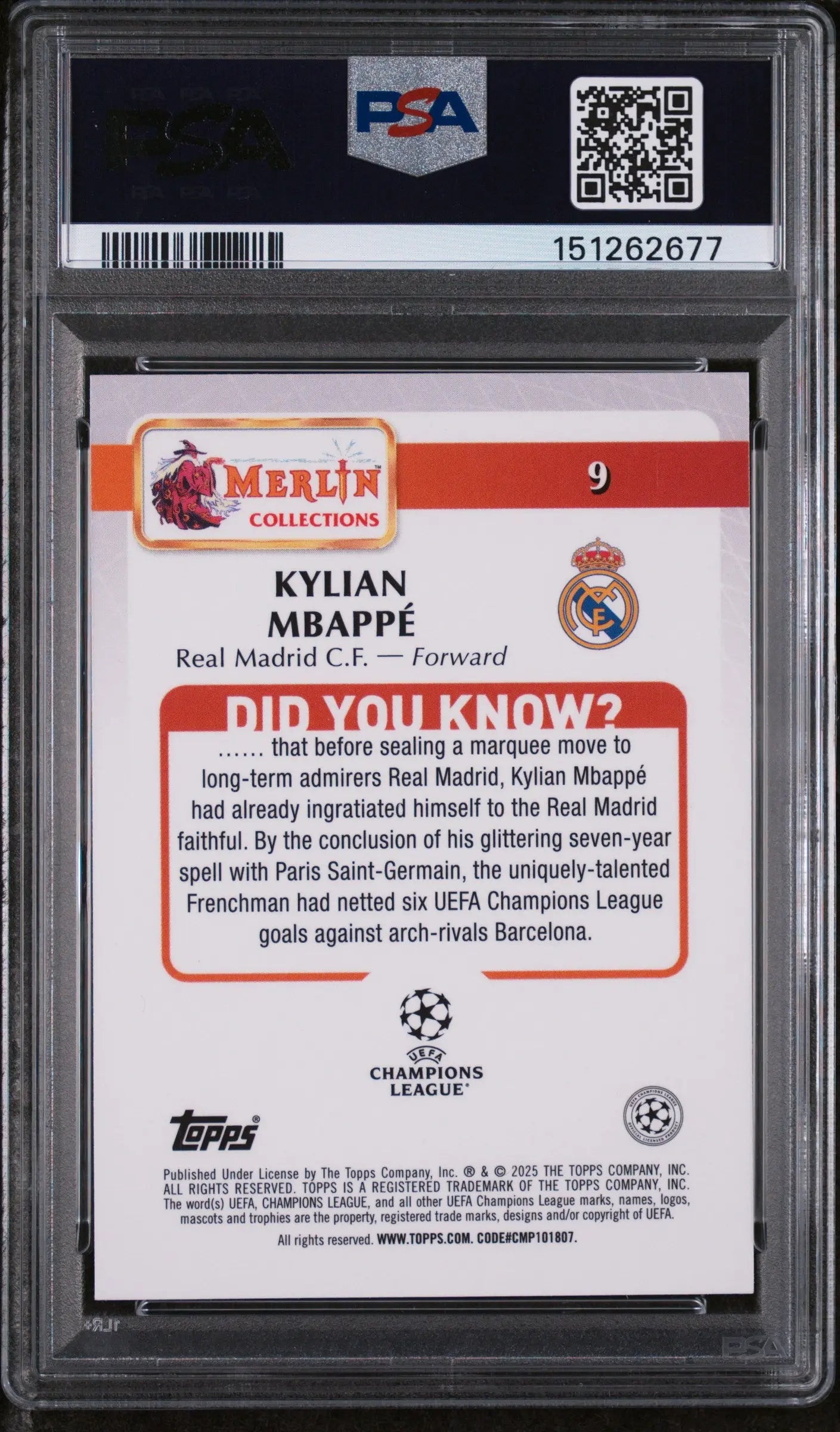 2024-2025 Topps Merlin UEFA Club Competitions Kylian Mbappe Green Ref. /99 PSA 9 