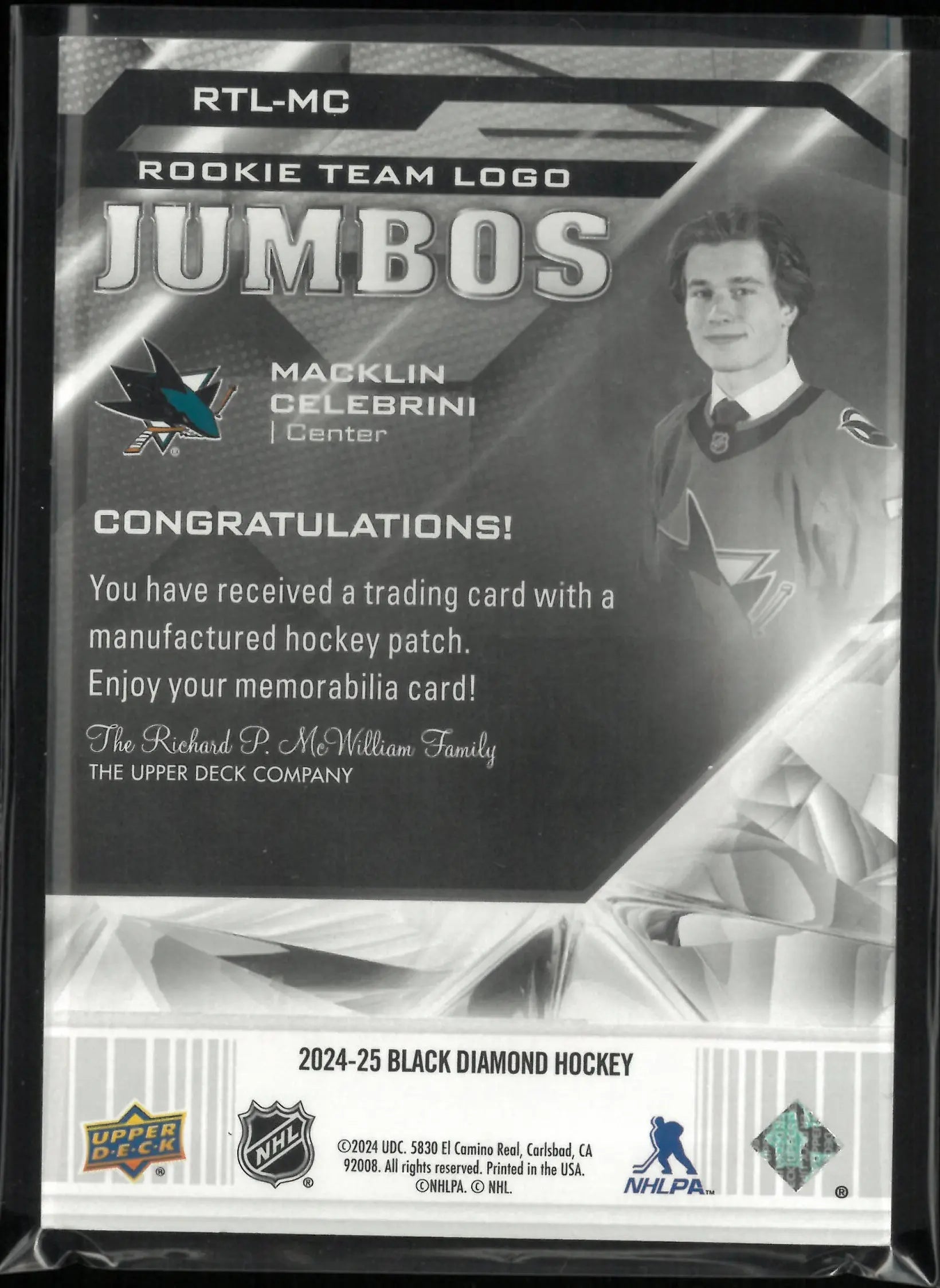 2024-25 Black Diamond Rookie Team Logo Jumbos Macklin Celebrini RC 