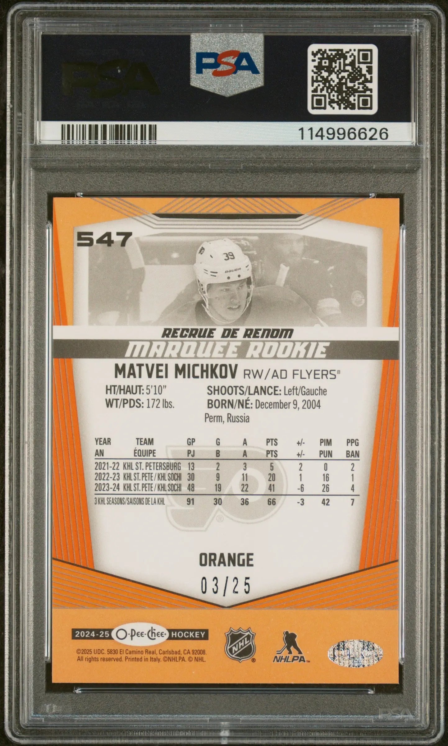 2024-25 O-Pee-Chee Matvei Michkov RC Rookie Orange Border PSA 10 /25 